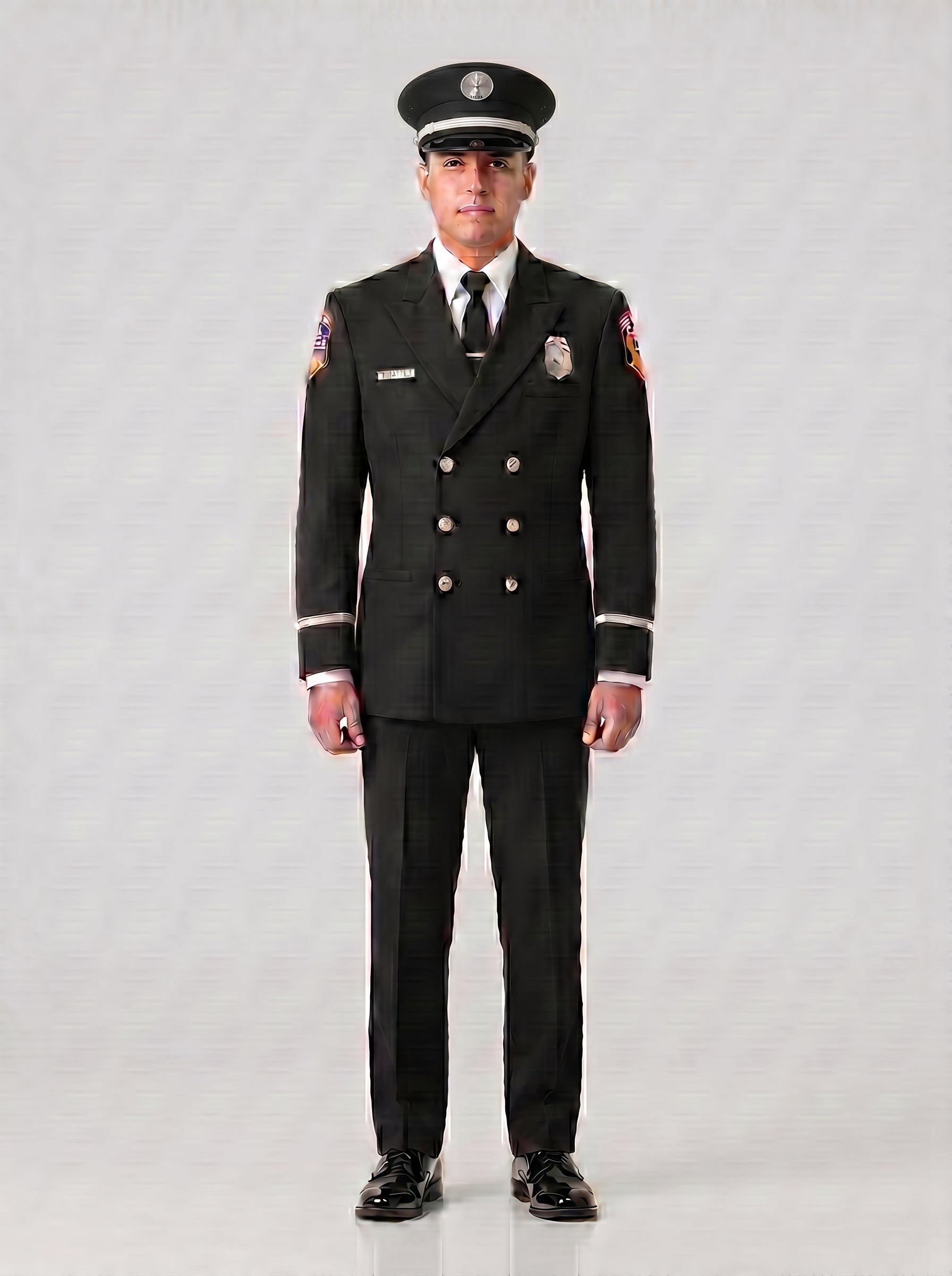 CAL FIRE Class A firefighter dress uniform - silver hardware, black double-breasted jacket, semi-Pershing cap, full uniform front view