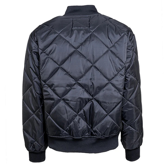 Navy CAL FIRE L2881 puffy jacket — back view showing diamond-quilted shell, ribbed bomber collar, and ribbed cuffs and hem