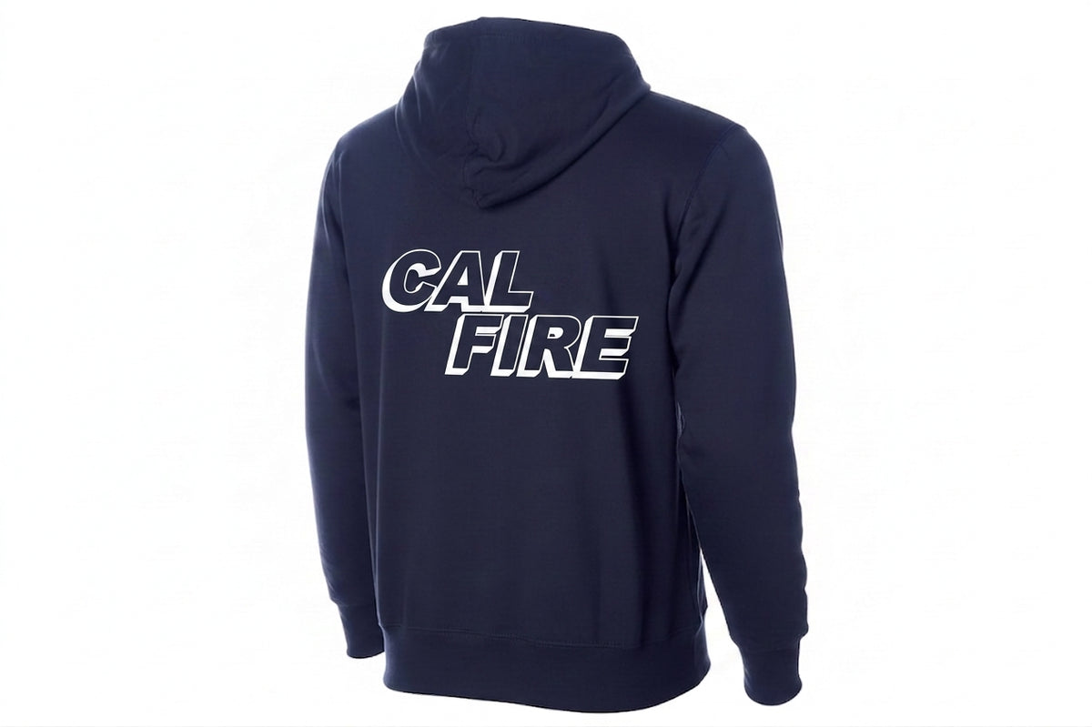 CAL FIRE Heavyweight Full-Zip Hoodie by Independent in navy, back view, white CAL FIRE wordmark arched across the shoulders
