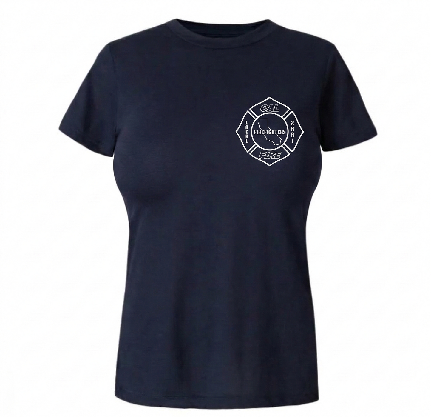 DFND-brand CAL FIRE women's contoured-fit short-sleeve duty t-shirt in navy — front view with the white maltese-cross firefighter shield (CAL FIRE / FIREFIGHTERS LOCAL 2881 / California state outline) on the left chest. Tailored women's silhouette with narrower waist.