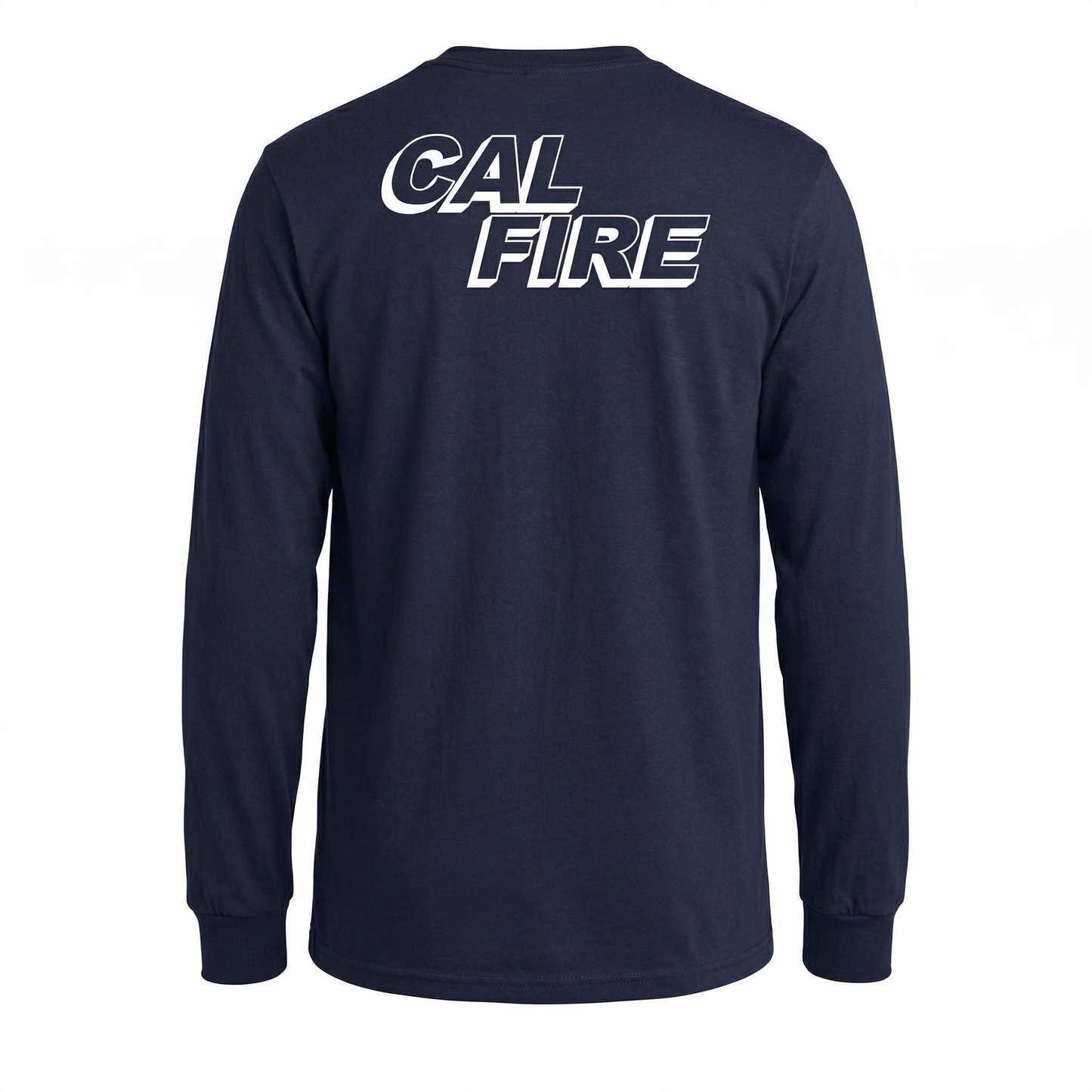 Back view of the navy long-sleeve shirt with a large white CAL FIRE italic wordmark printed across the full upper back.