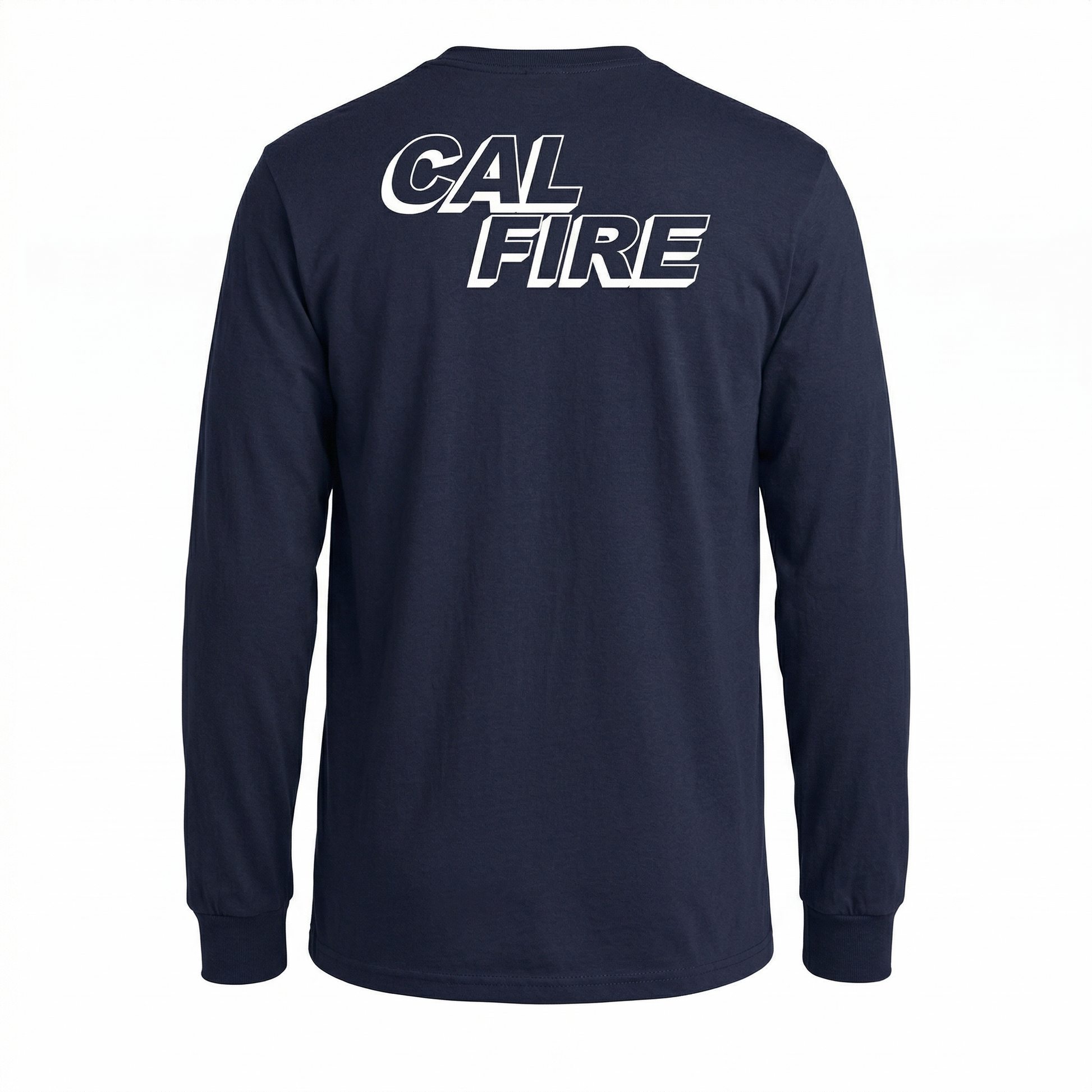 Back view of the navy long-sleeve shirt with a large white CAL FIRE italic wordmark printed across the full upper back.