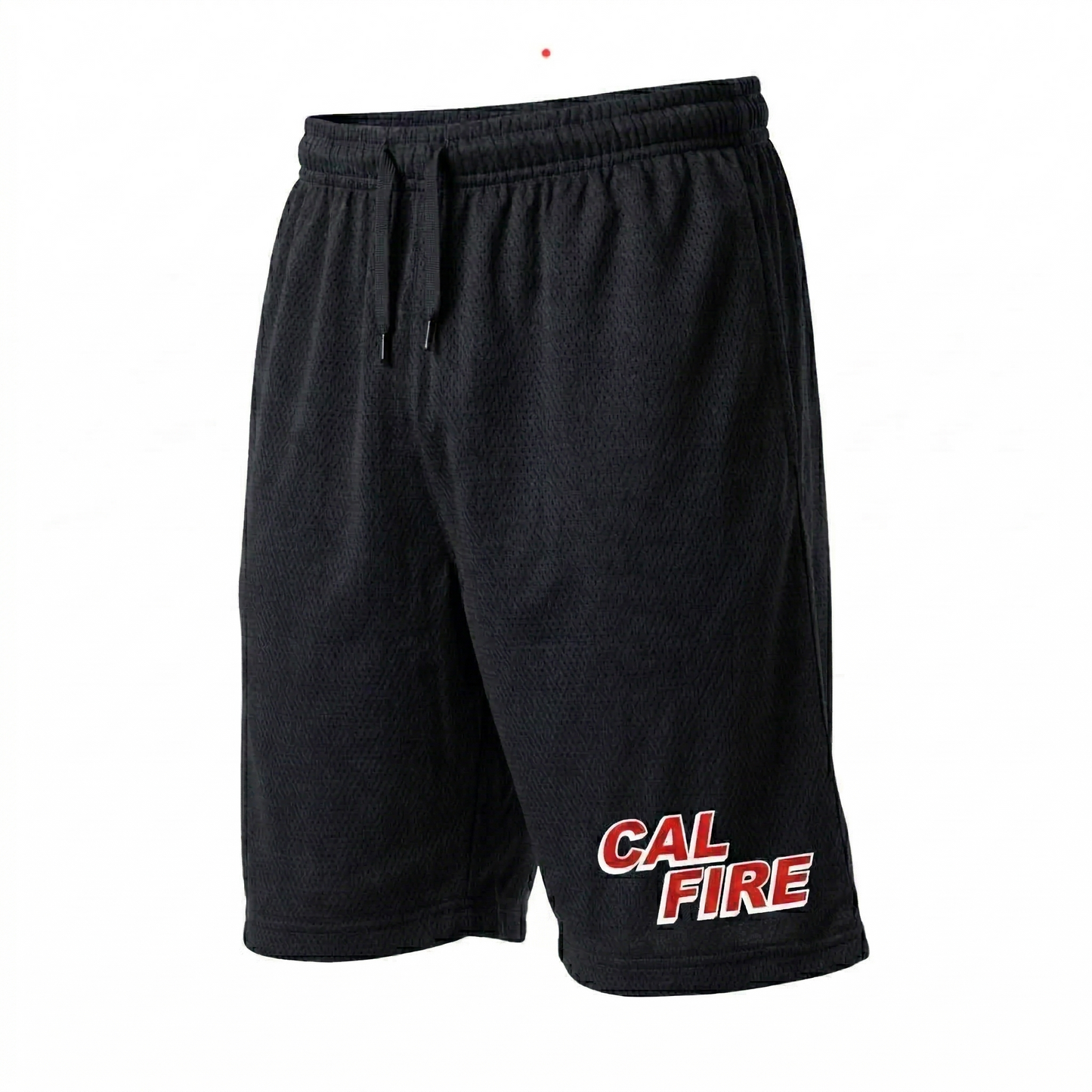 Black mesh PT shorts at a slight angle showing the red CAL FIRE wordmark with white outline on the left leg.