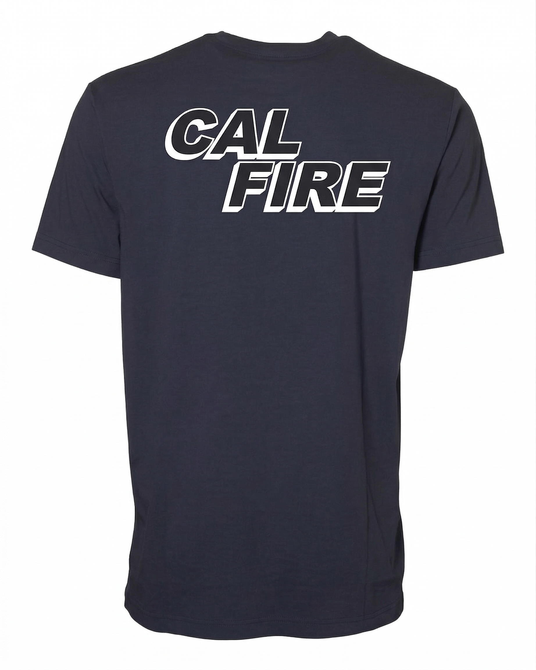 Back of the navy Independent lightweight CAL FIRE t-shirt with the large white CAL FIRE italic block wordmark across the upper back.