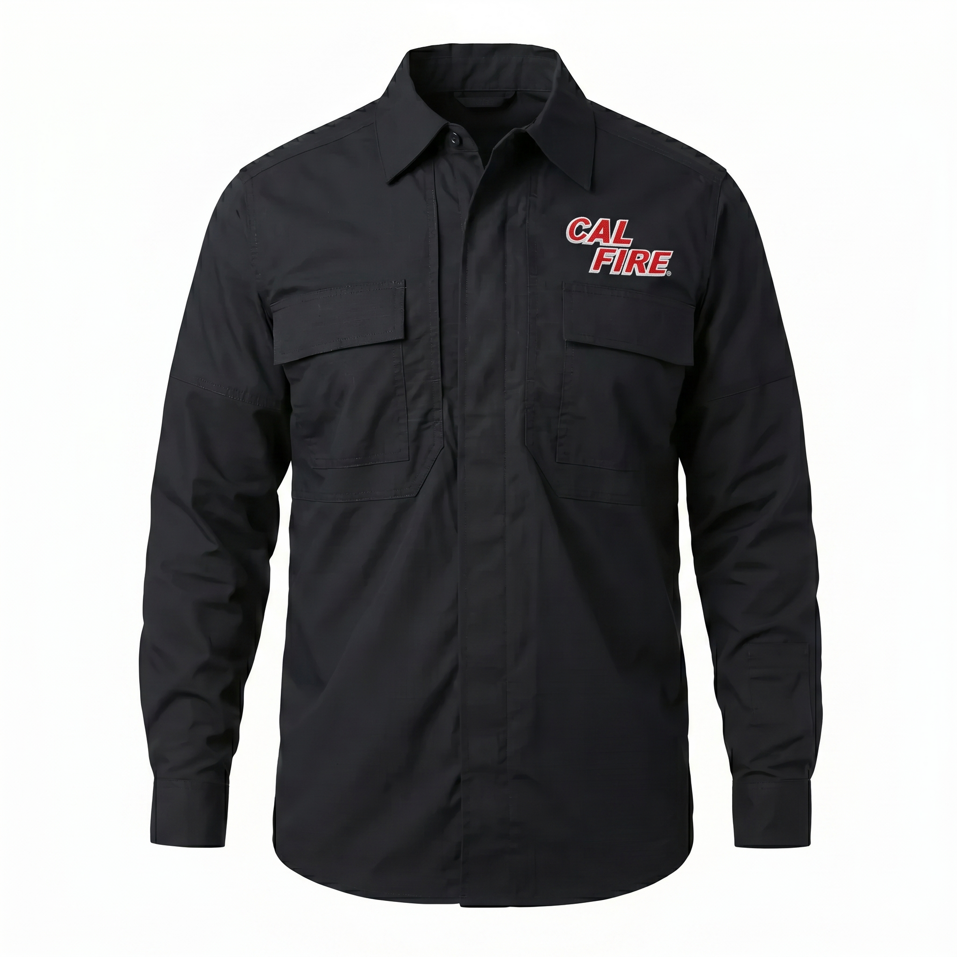 Front view of the navy 5.11 TDU ripstop long-sleeve shirt with the red CAL FIRE italic wordmark embroidered on the left chest above the flap pocket.