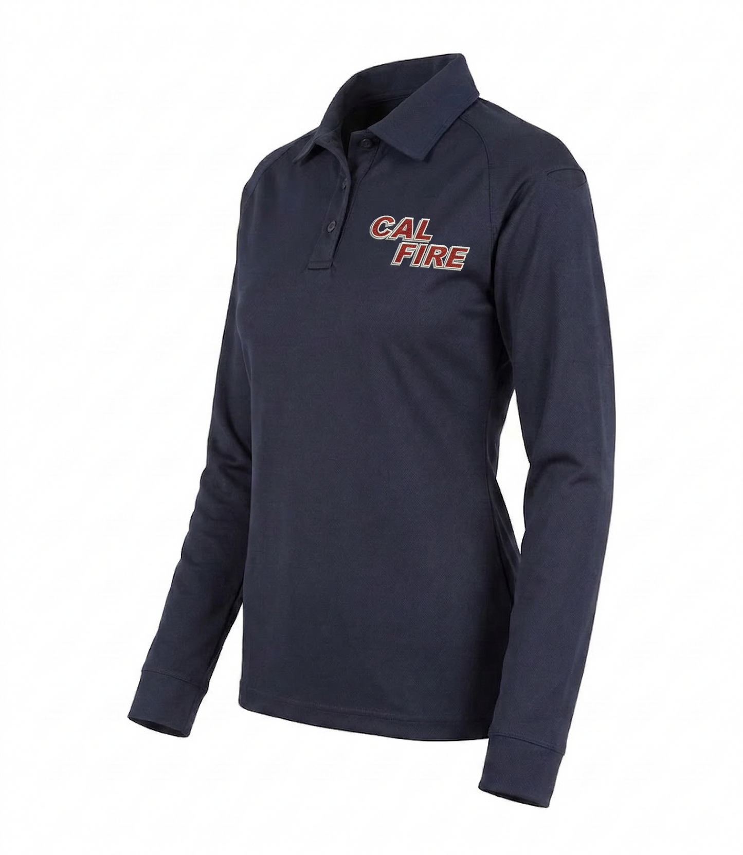Three-quarter front view of the navy women's polo with the red CAL FIRE italic wordmark on the left chest.