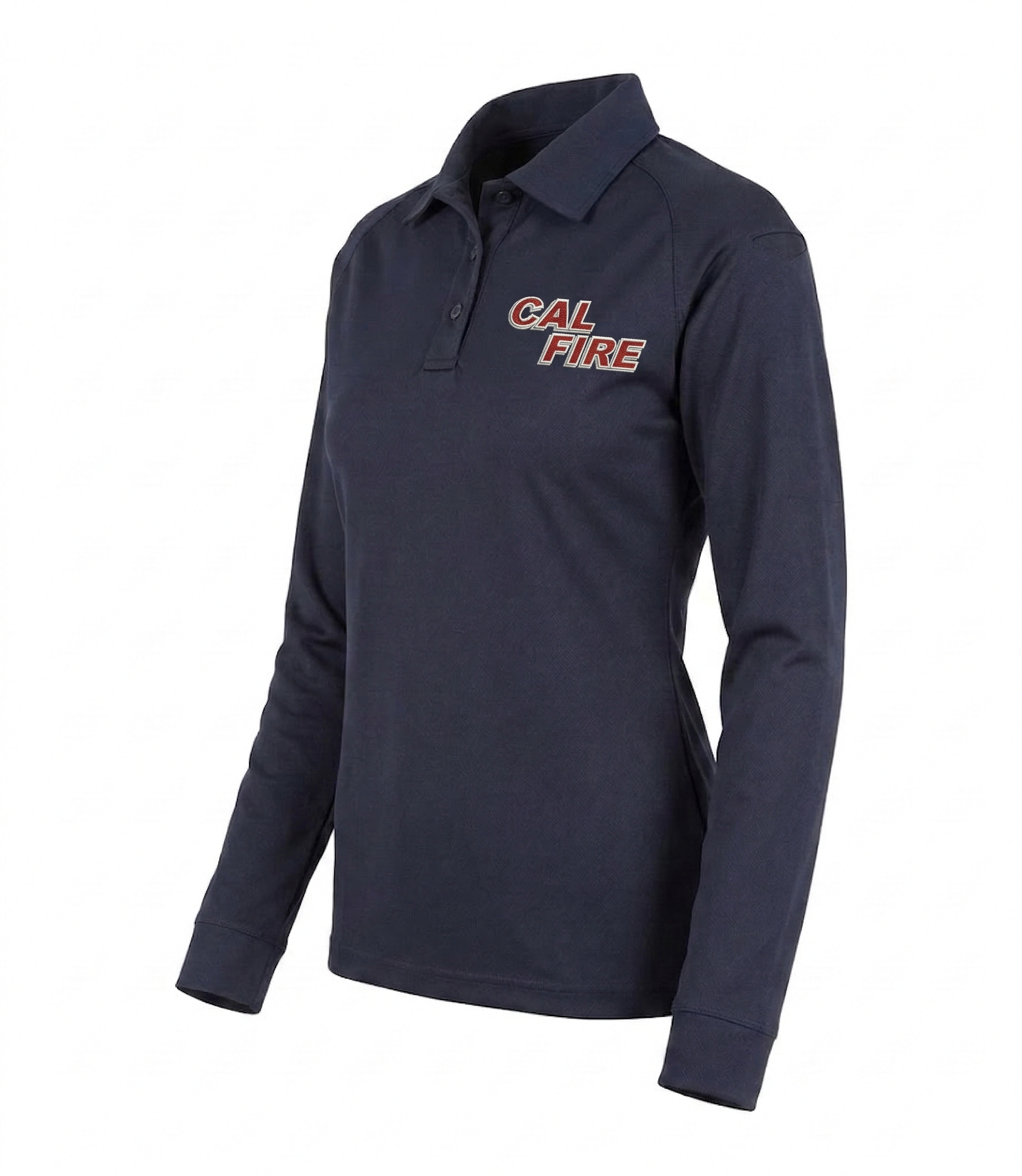 Three-quarter front view of the navy women's polo with the red CAL FIRE italic wordmark on the left chest.