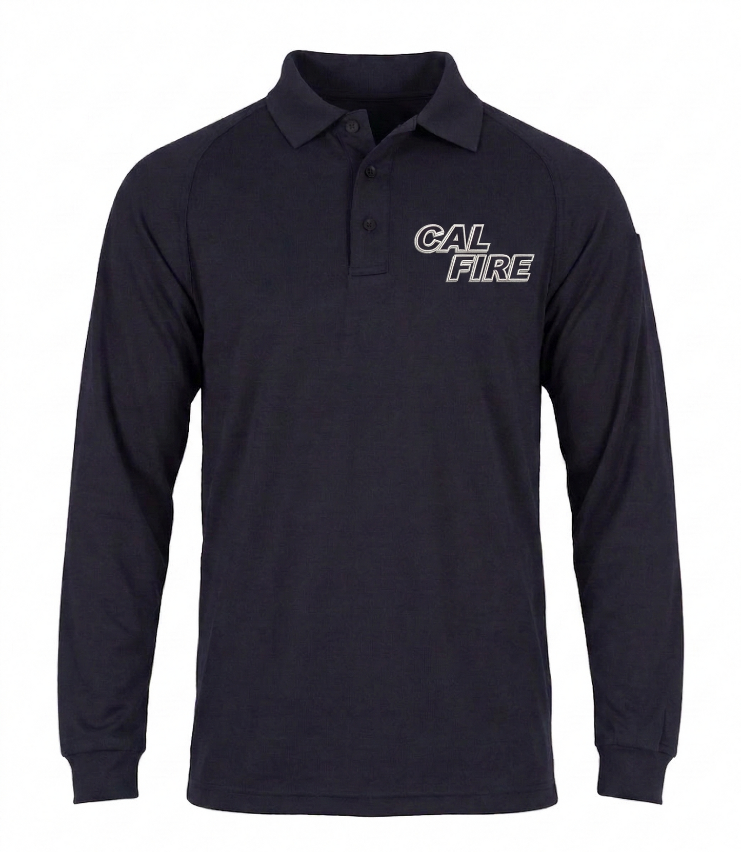 Navy long-sleeve performance polo, front view with the white CAL FIRE wordmark on the left chest as an alternate logo color.