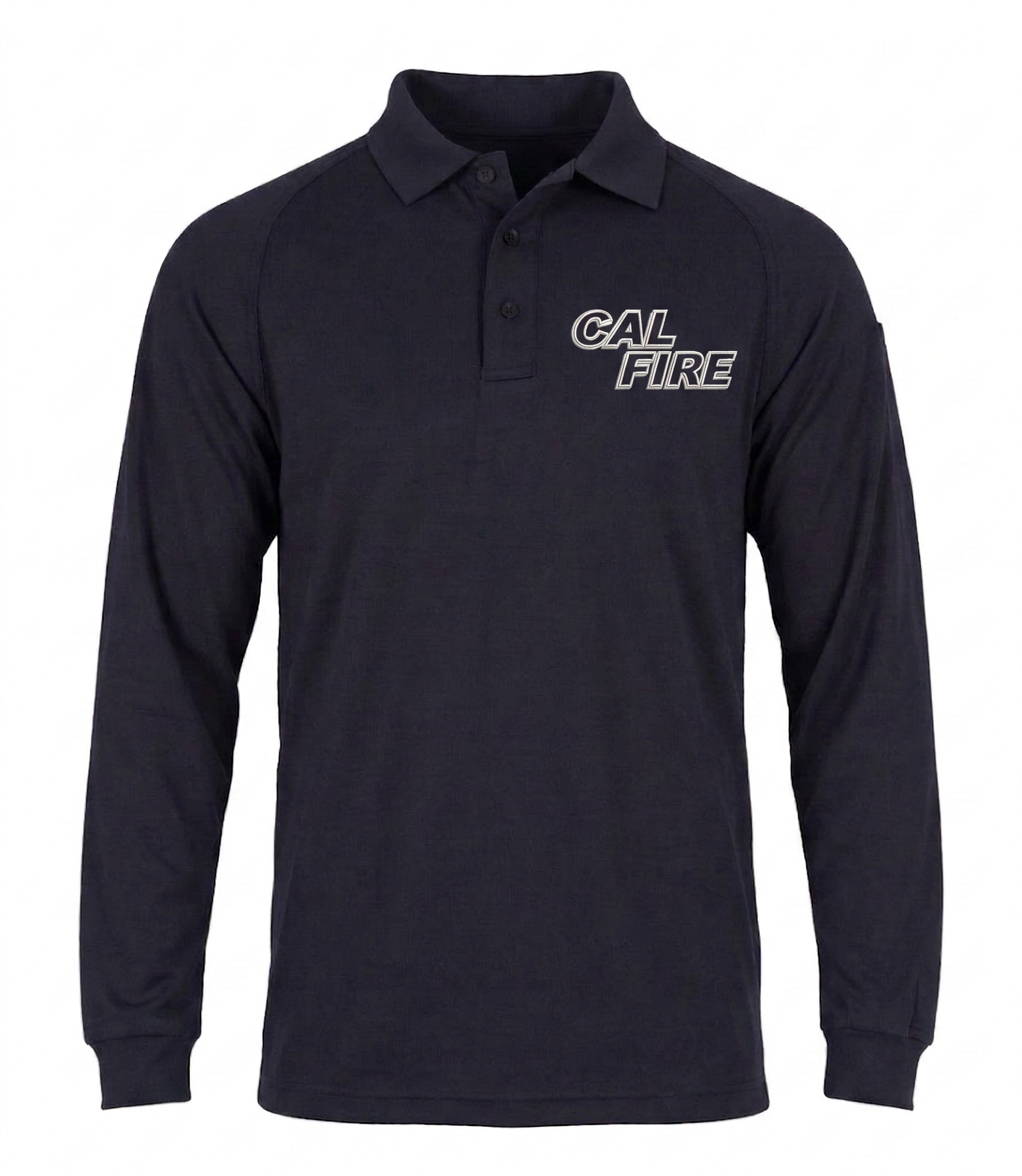 Navy long-sleeve performance polo, front view with the white CAL FIRE wordmark on the left chest as an alternate logo color.