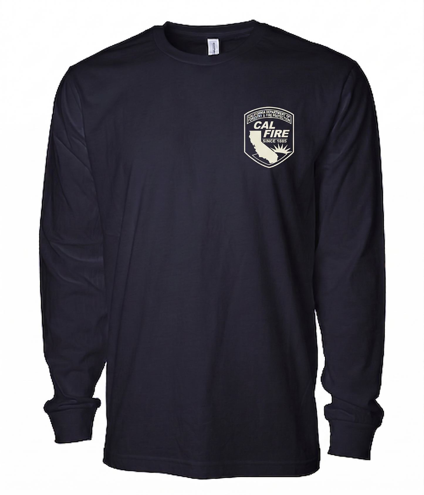 Front view of the navy long-sleeve shirt with a monochrome white CAL FIRE arrowhead shield crest on the left chest.