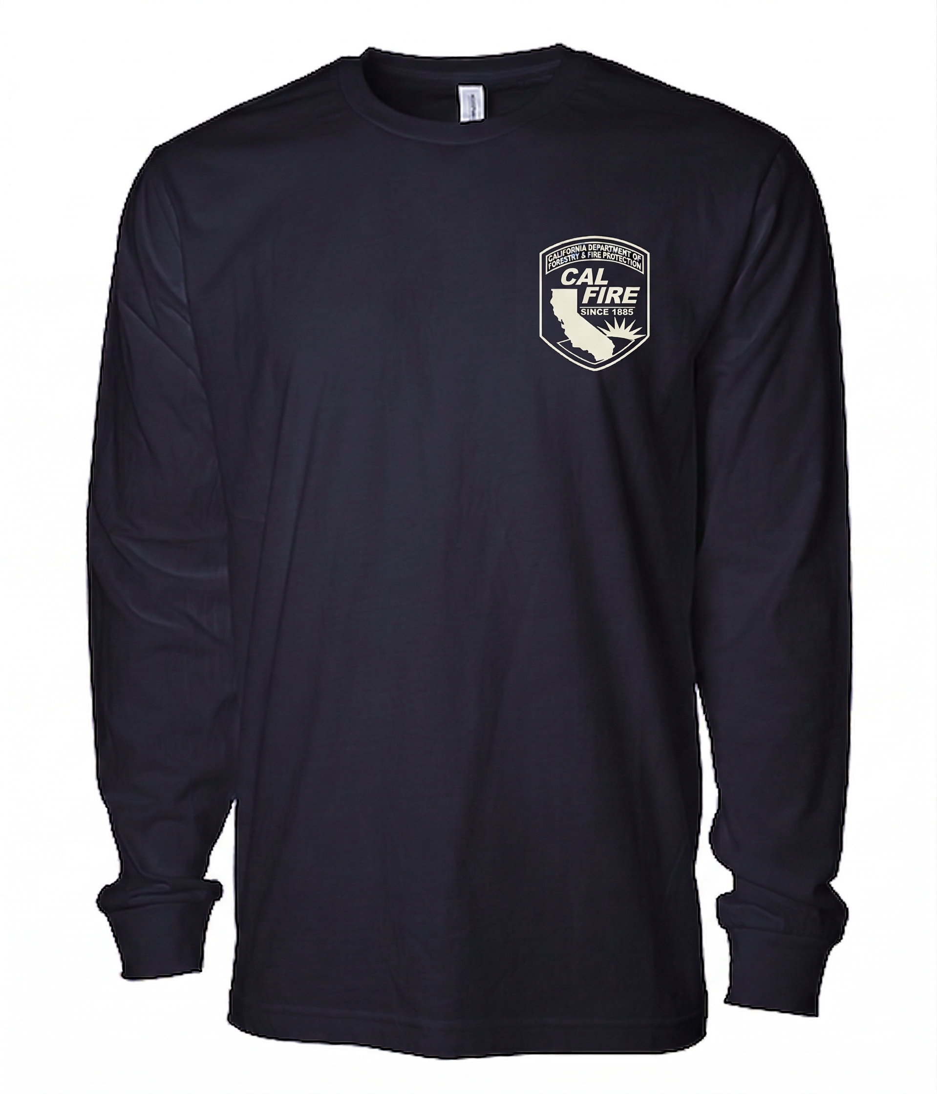 Front view of the navy long-sleeve shirt with a monochrome white CAL FIRE arrowhead shield crest on the left chest.