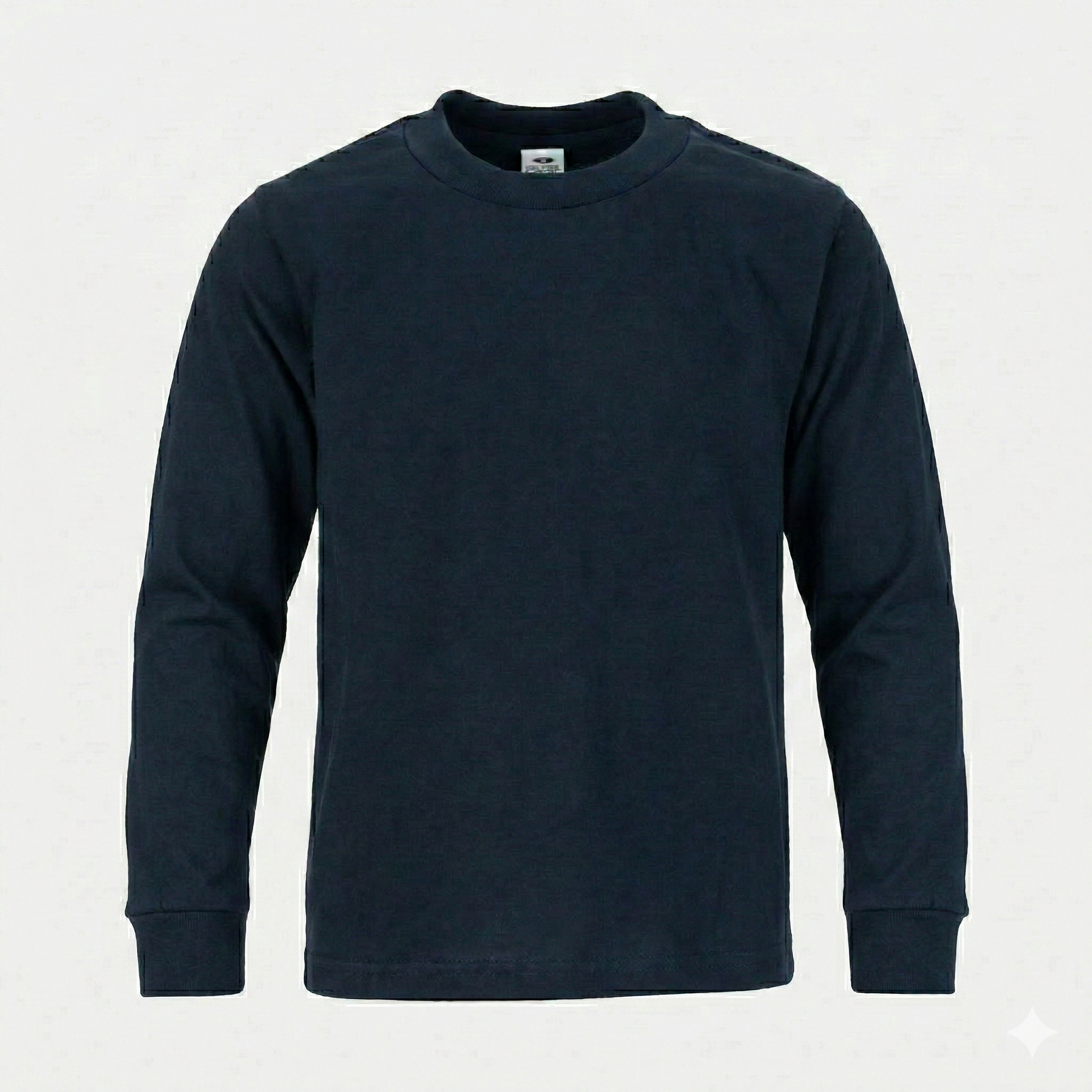 Navy Pro Club heavyweight long-sleeve tee laid flat, plain blank front with a ribbed crew neck and full-length sleeves.