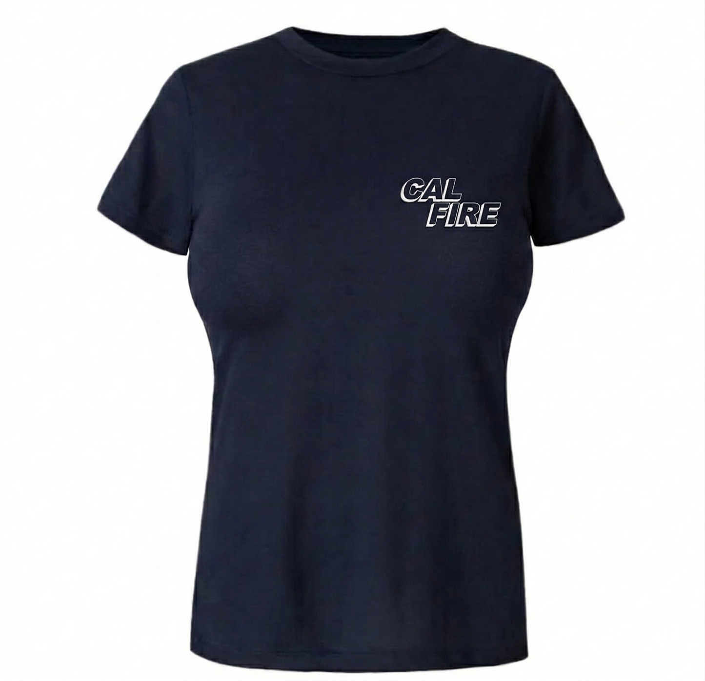 DFND-brand CAL FIRE women's contoured-fit short-sleeve duty t-shirt in navy — front view with the white CAL FIRE italic block-letter logo on the left chest.