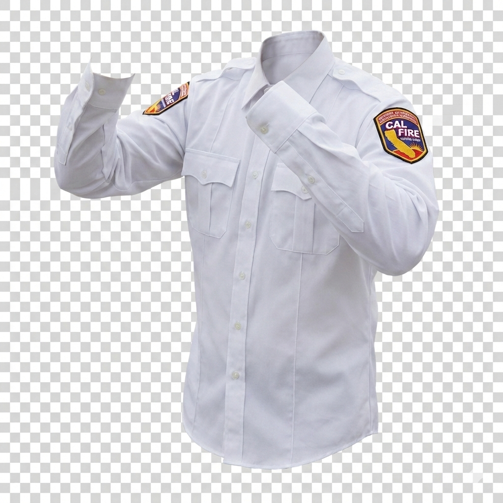 White shirt with CAL FIRE patches on a transparent background