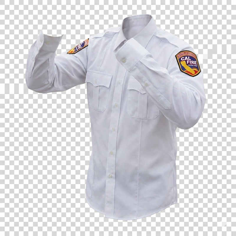 White shirt with CAL FIRE patches on a transparent background