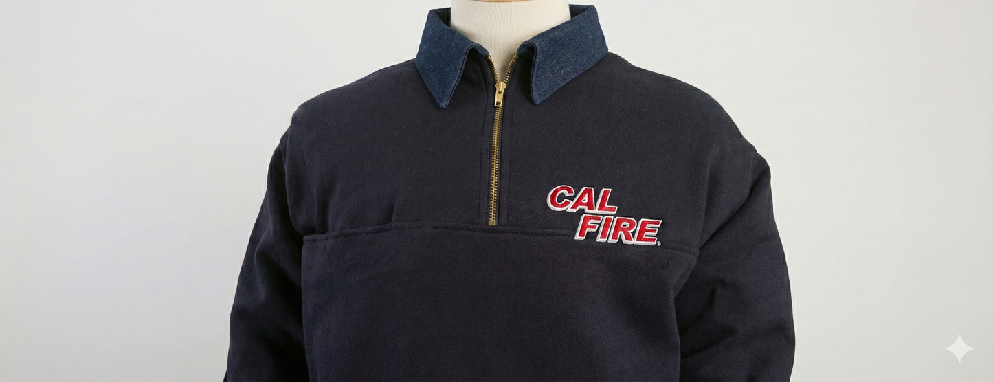 Navy job shirt on a dress form, front view with denim collar, gold zipper, and the red CAL FIRE italic wordmark on the left chest.