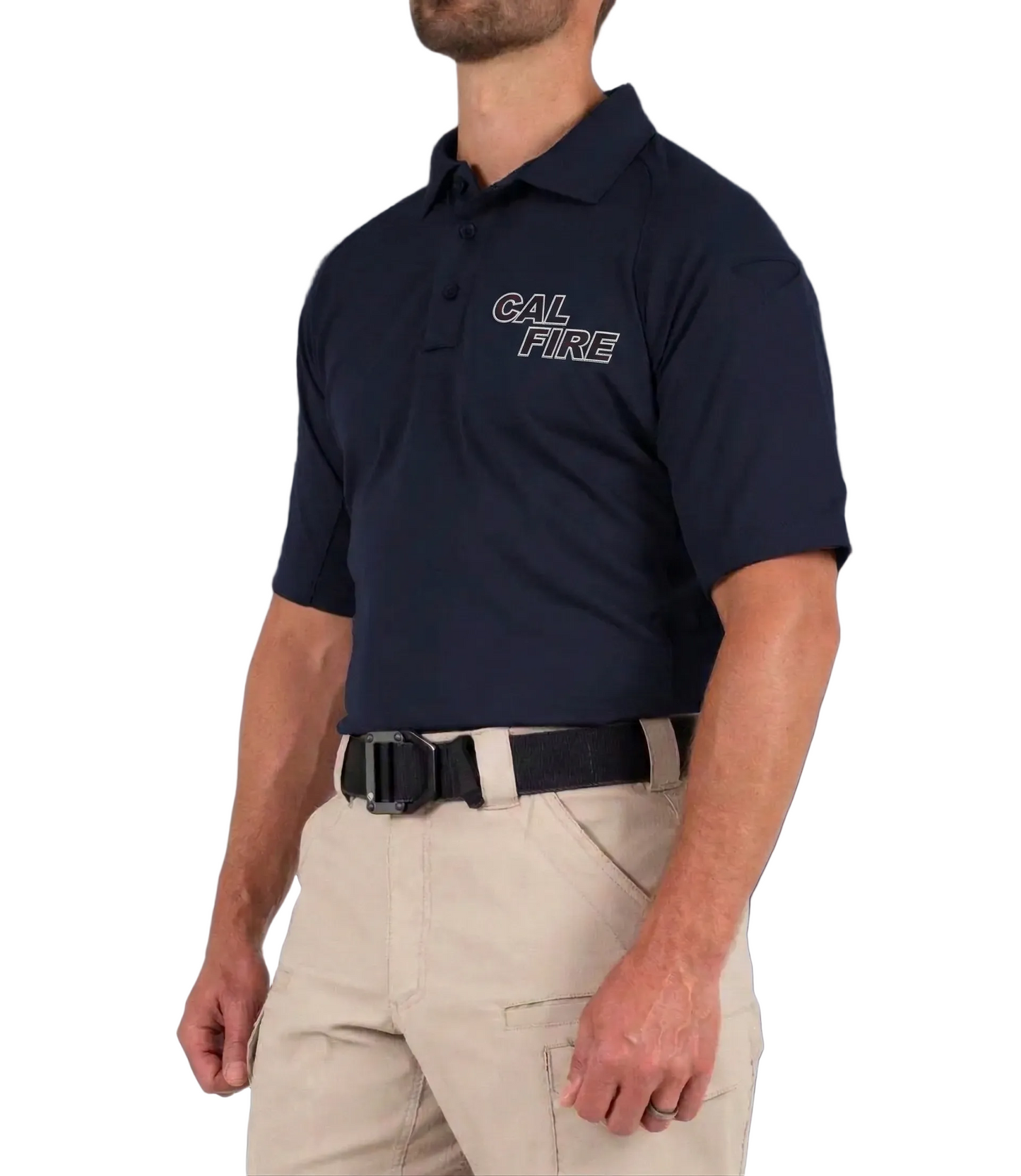 Model three-quarter front view in the navy polo with a tonal gray-outlined CAL FIRE wordmark on the left chest and khaki tactical pants.