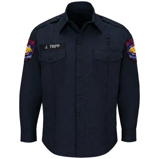 Dark blue shirt with patches on a black background