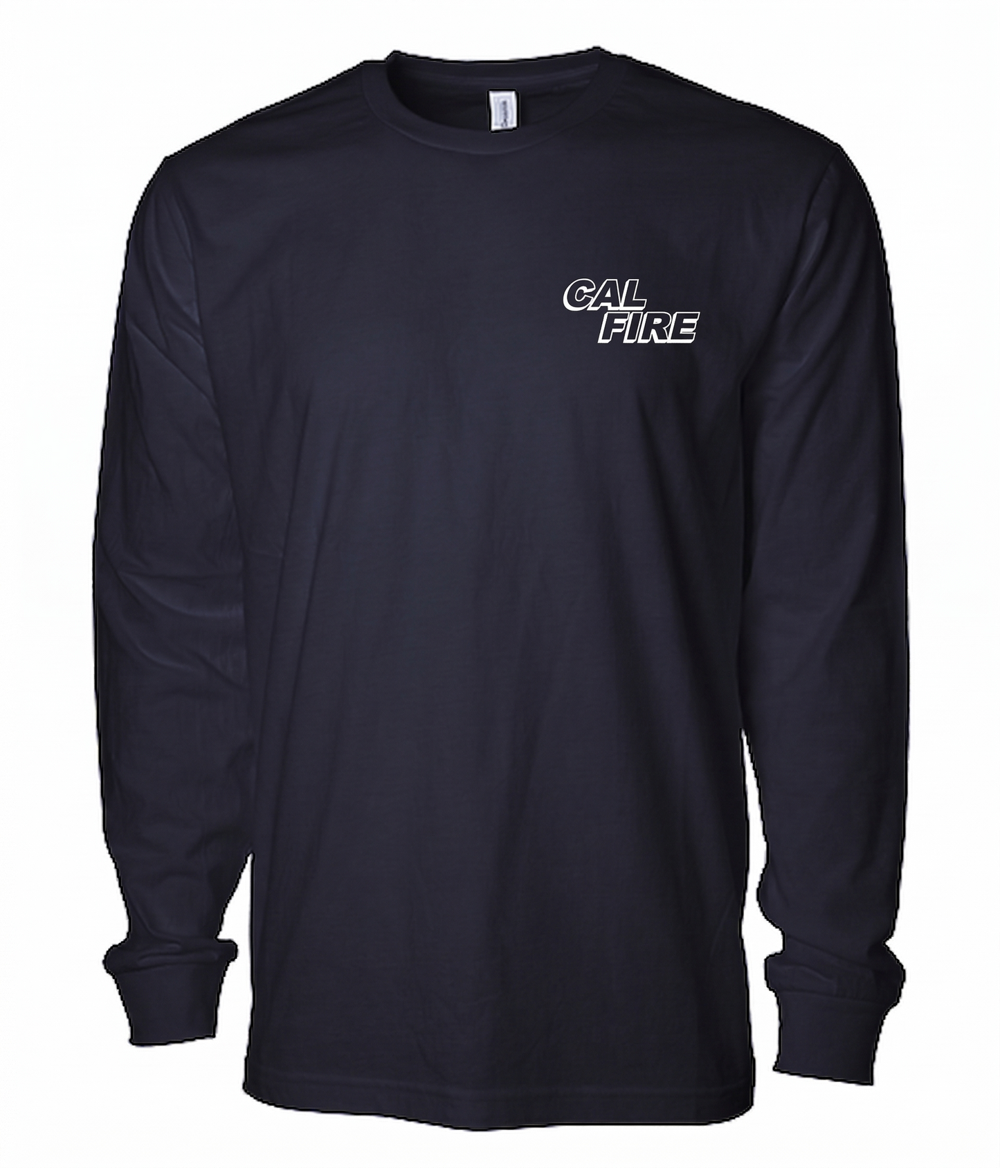Front view of the navy lightweight long-sleeve shirt with the white CAL FIRE italic wordmark on the left chest.