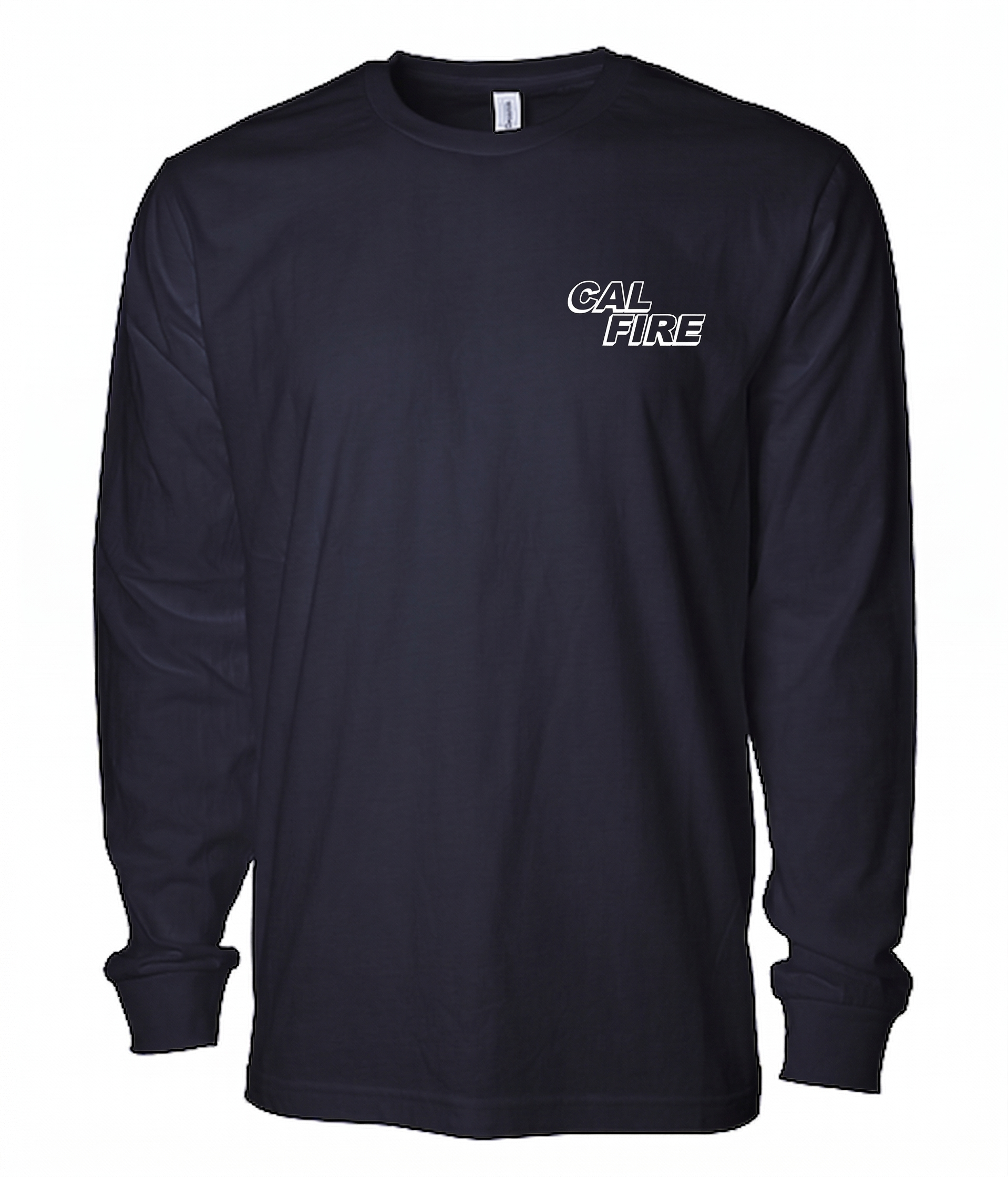 Front view of the navy lightweight long-sleeve shirt with the white CAL FIRE italic wordmark on the left chest.
