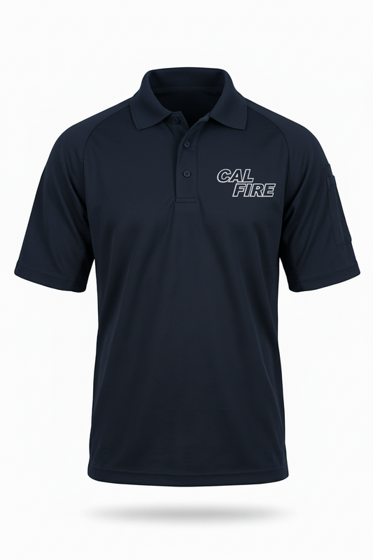 Black polo shirt with 'CAL FIRE' logo on a white background