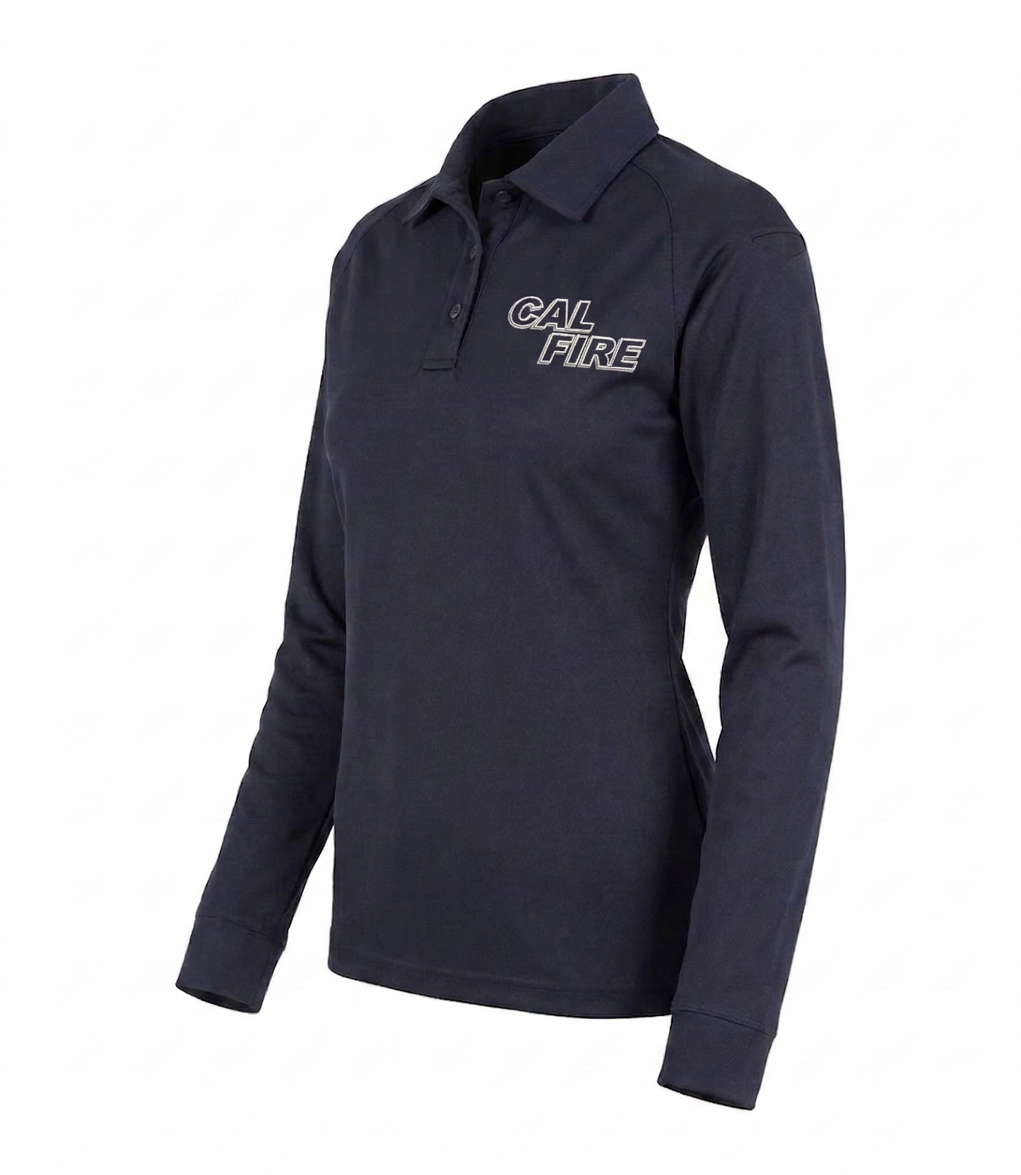 Three-quarter front view of the navy women's polo showing the white CAL FIRE wordmark on the left chest and raglan sleeves.