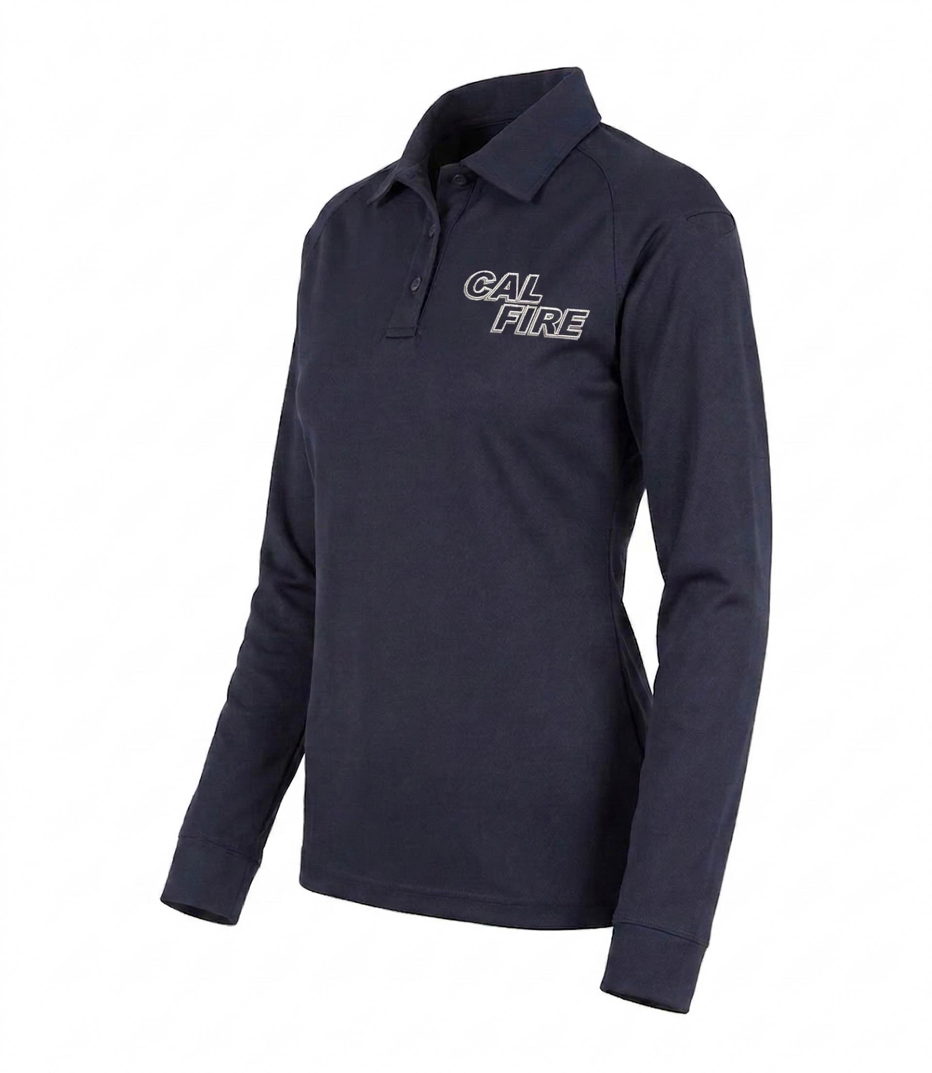 Three-quarter front view of the navy women's polo showing the white CAL FIRE wordmark on the left chest and raglan sleeves.
