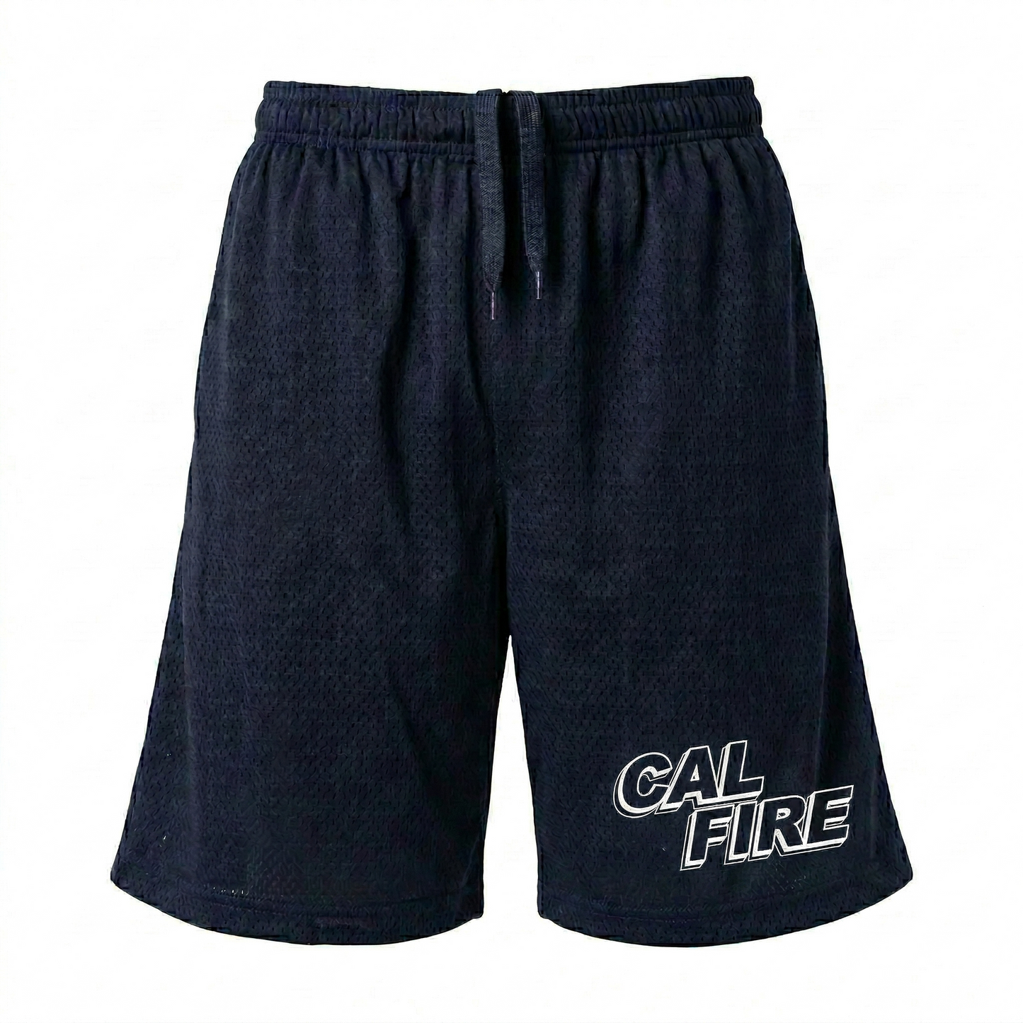 Navy mesh CAL FIRE PT shorts, front three-quarter view with the red CAL FIRE italic wordmark and white outline stacked on the lower left leg.