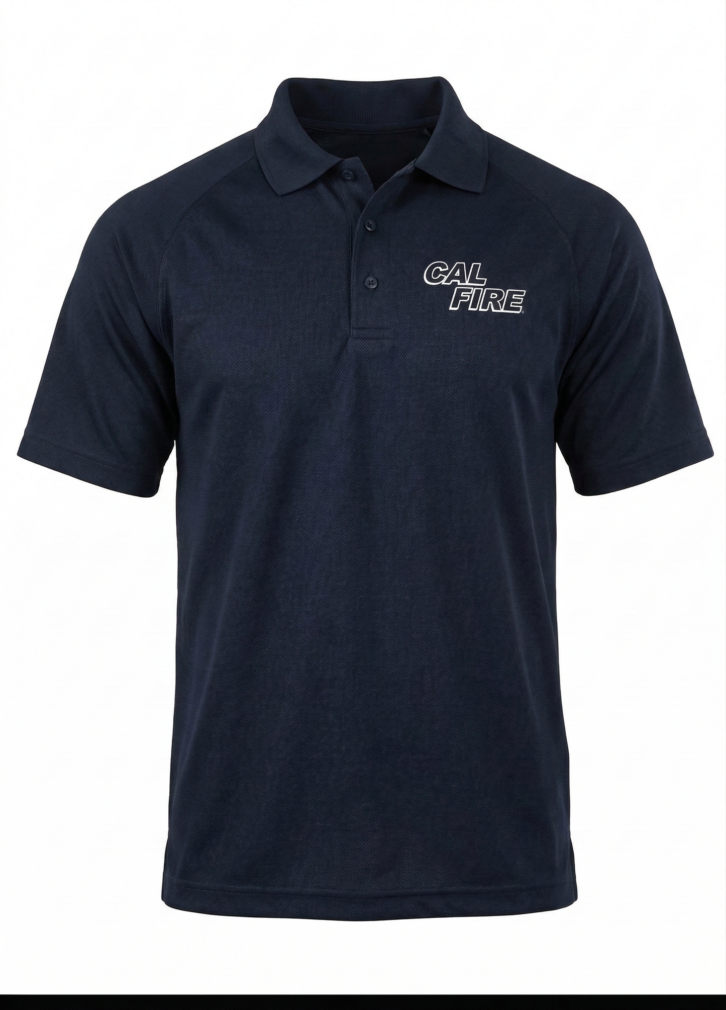 Navy 5.11 short-sleeve performance polo, front view with the white CAL FIRE italic wordmark on the left chest and a three-button placket.