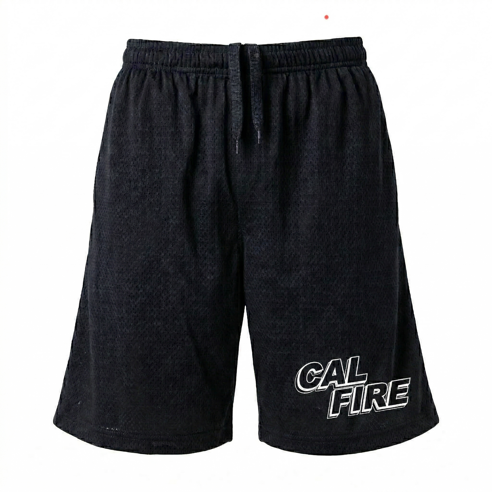 Black mesh PT shorts in three-quarter view with the white CAL FIRE wordmark printed on the lower left leg.