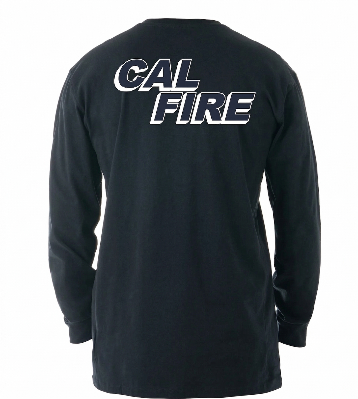 Back view of the black long-sleeve shirt with a large white CAL FIRE italic wordmark printed across the upper back.