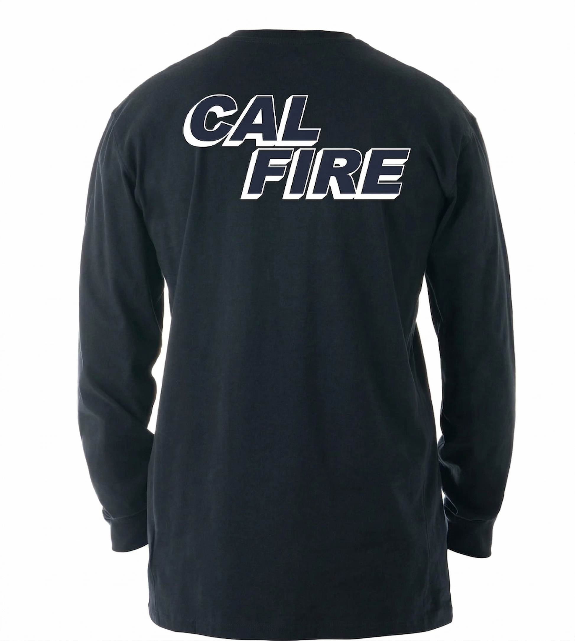 Back view of the black long-sleeve shirt with a large white CAL FIRE italic wordmark printed across the upper back.