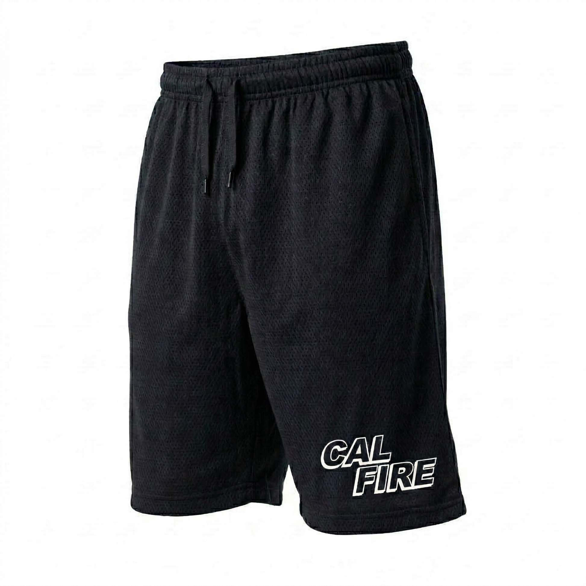 Black mesh CAL FIRE PT shorts, front angle with the white CAL FIRE italic wordmark on the lower left leg.