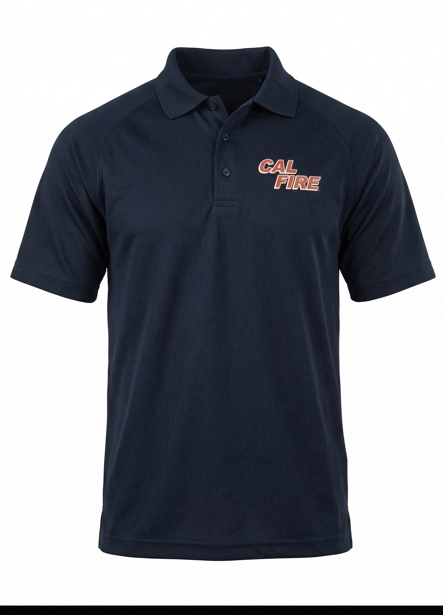 Navy 5.11 short-sleeve polo, front view with the red CAL FIRE italic wordmark on the left chest above the three-button placket.