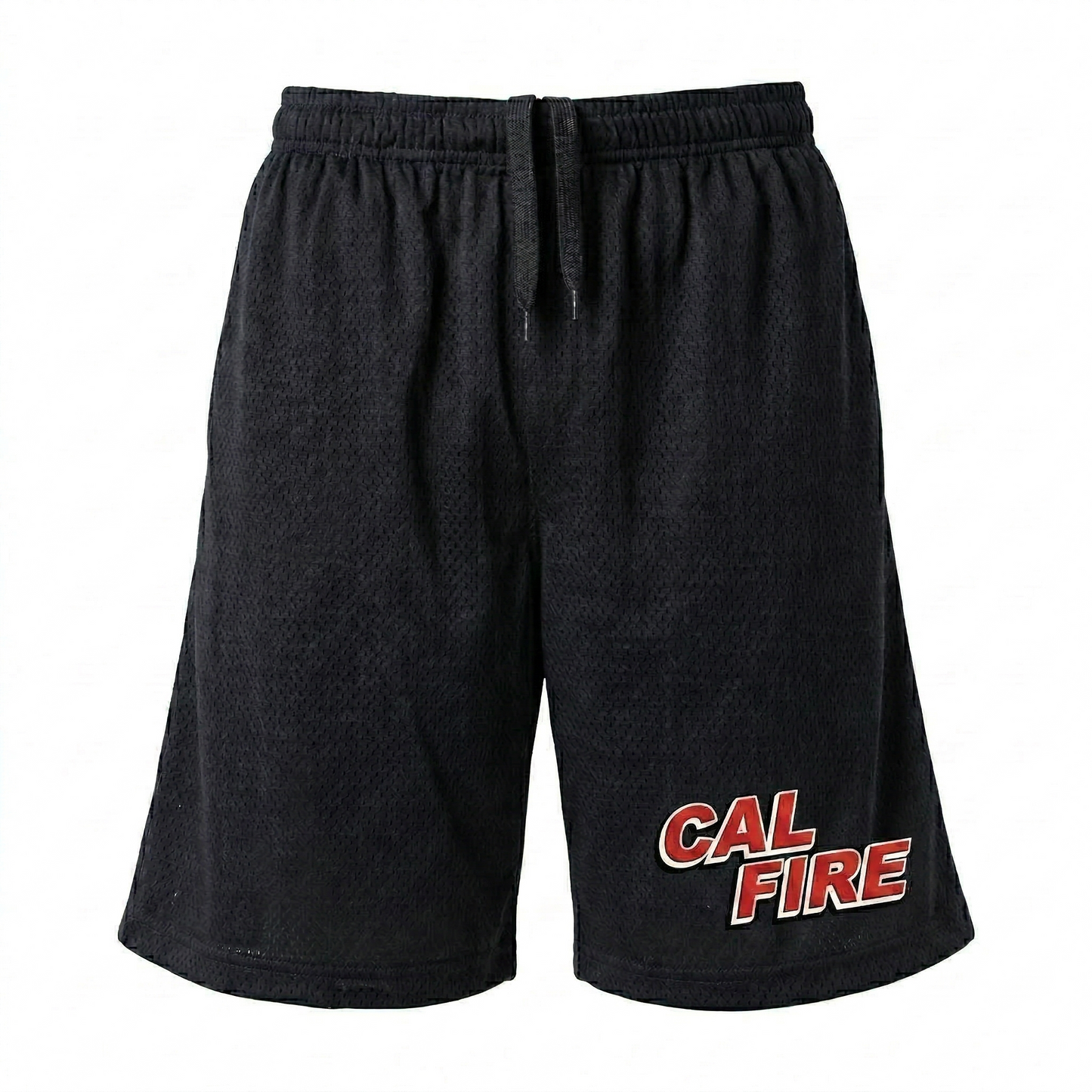 Black mesh PT shorts shown straight on with the red CAL FIRE wordmark and white outline on the lower left leg.