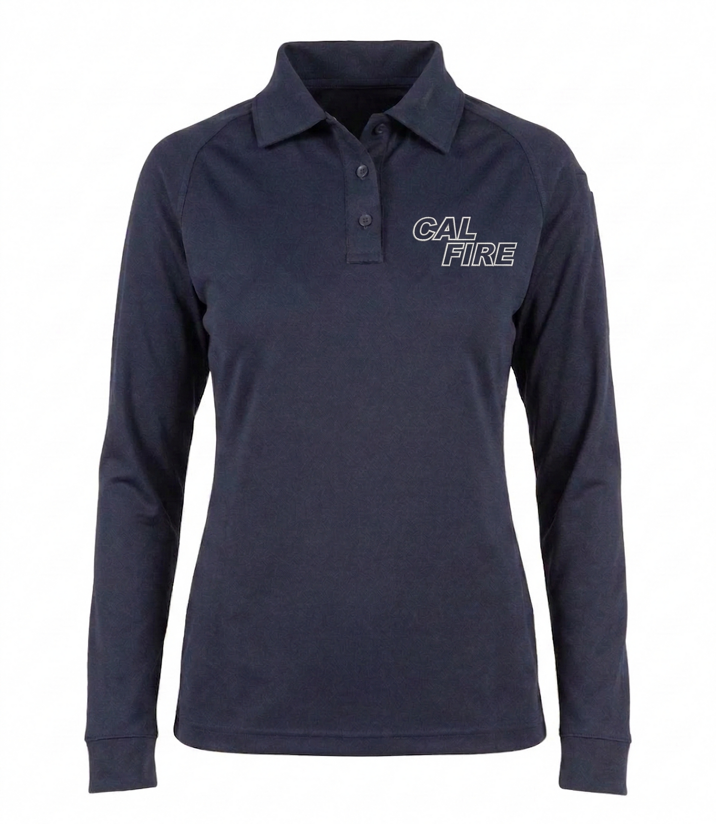 Navy women's long-sleeve polo, front view with the white CAL FIRE italic wordmark on the left chest and a three-button collar placket.