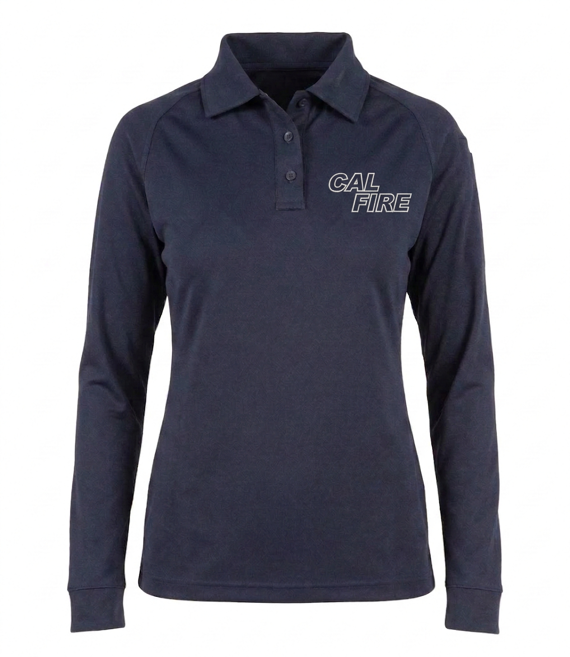 Navy women's long-sleeve polo, front view with the white CAL FIRE italic wordmark on the left chest and a three-button collar placket.