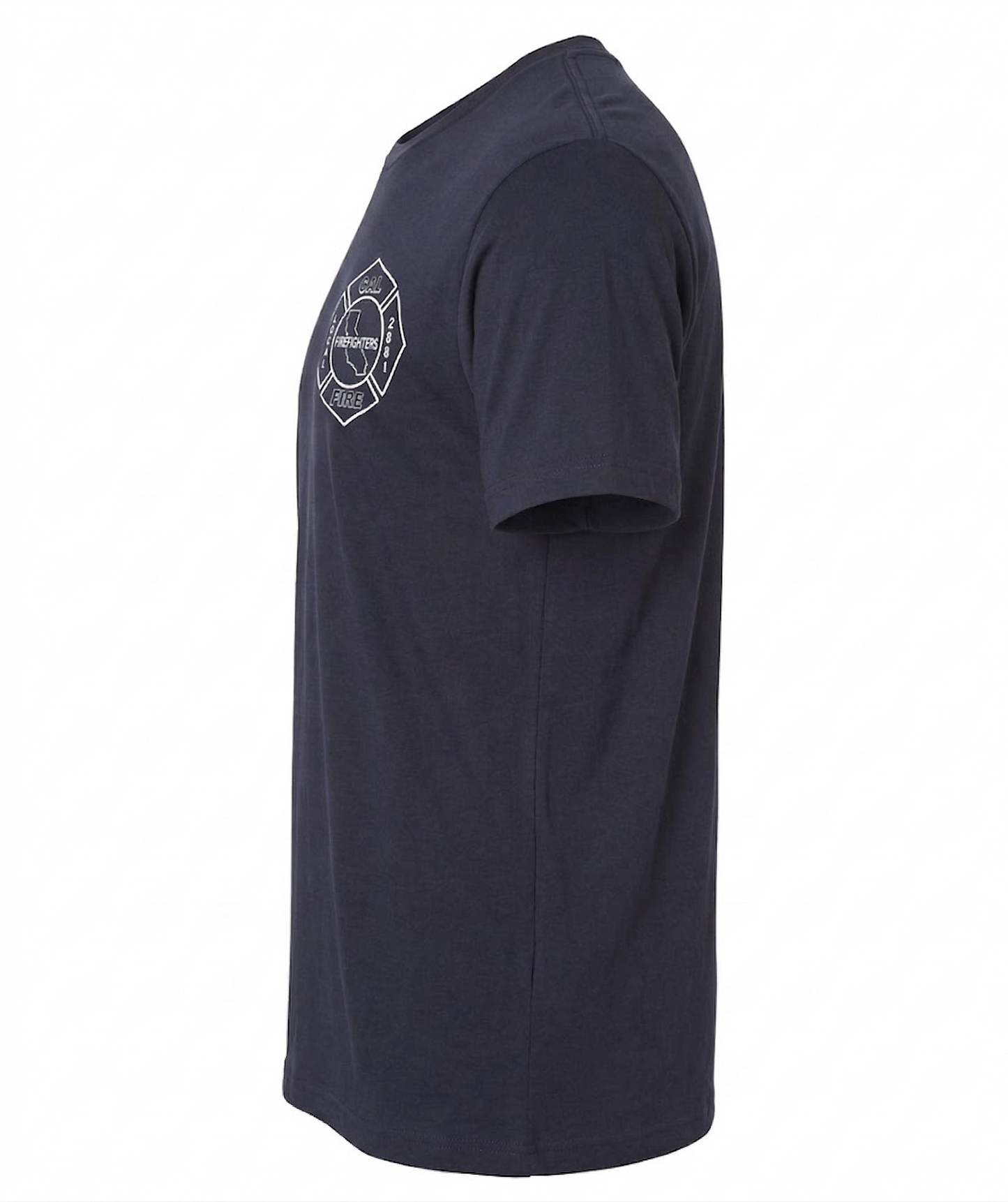 Navy Independent lightweight CAL FIRE t-shirt, side view showing the left-chest white maltese-cross firefighter shield logo.