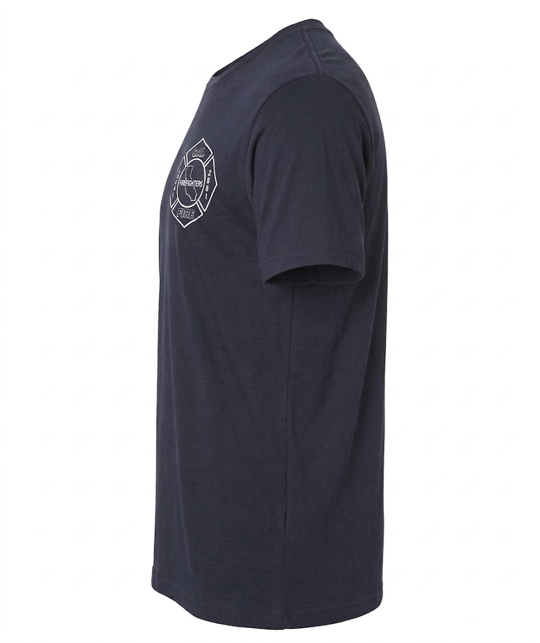 Navy Independent lightweight CAL FIRE t-shirt, side view showing the left-chest white maltese-cross firefighter shield logo.