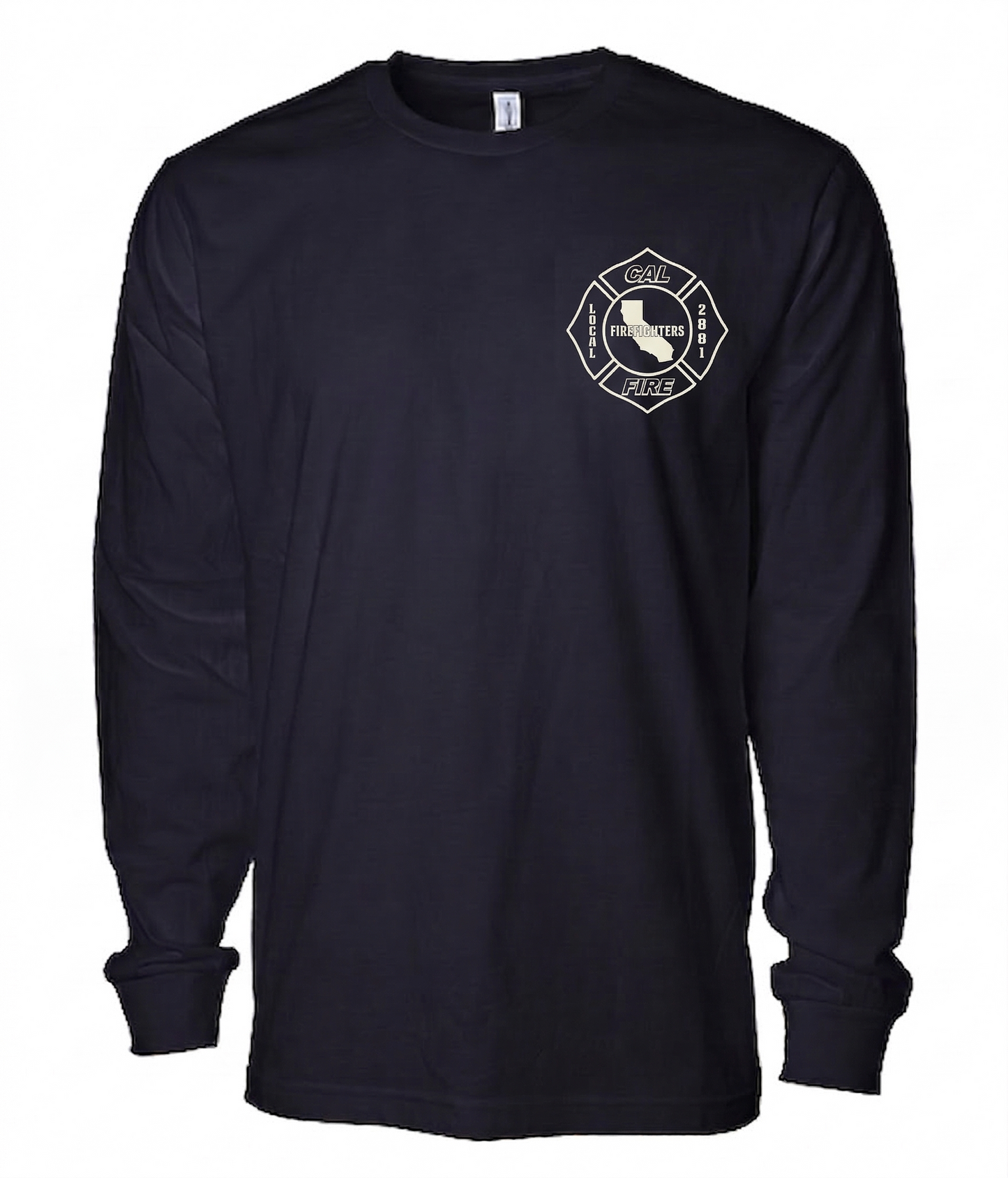 Front view of the navy lightweight long-sleeve shirt with a white maltese-cross firefighter emblem featuring a California state outline on the left chest.