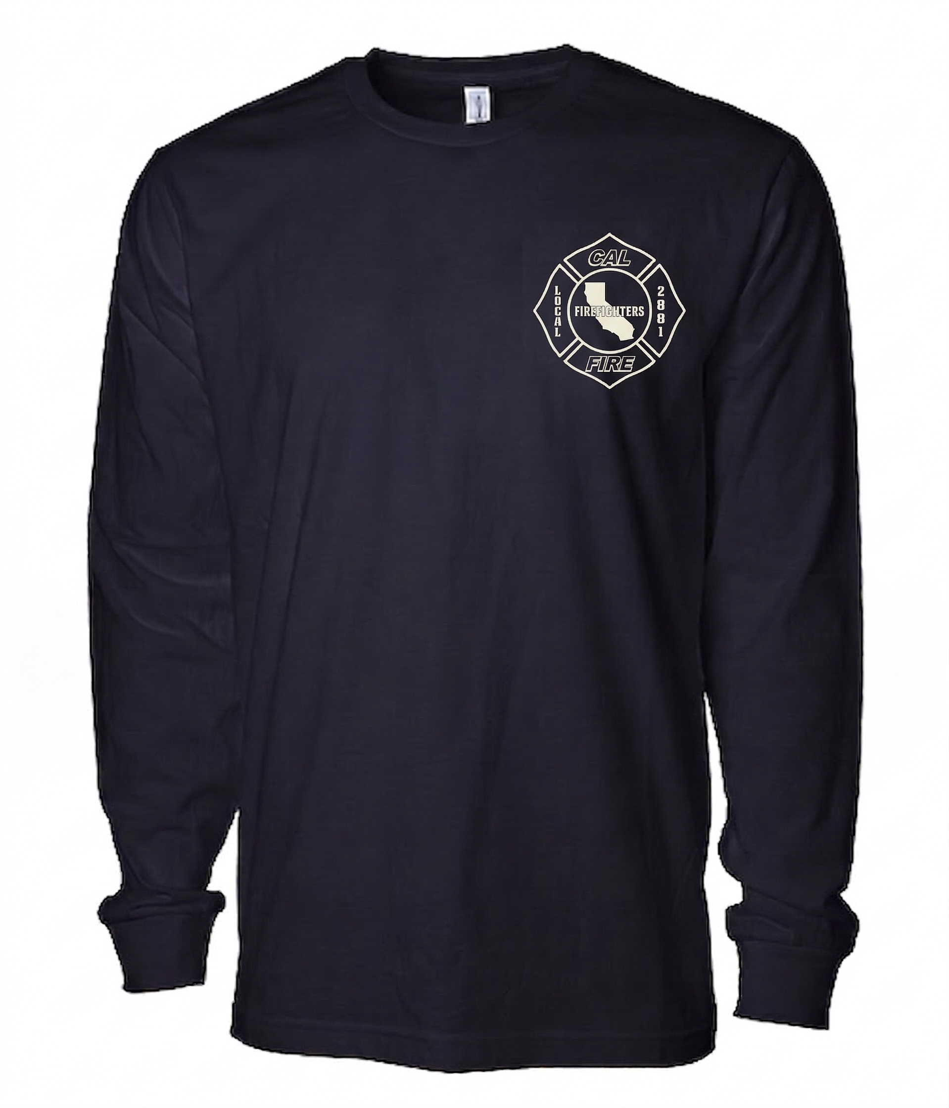 Front view of the navy lightweight long-sleeve shirt with a white maltese-cross firefighter emblem featuring a California state outline on the left chest.