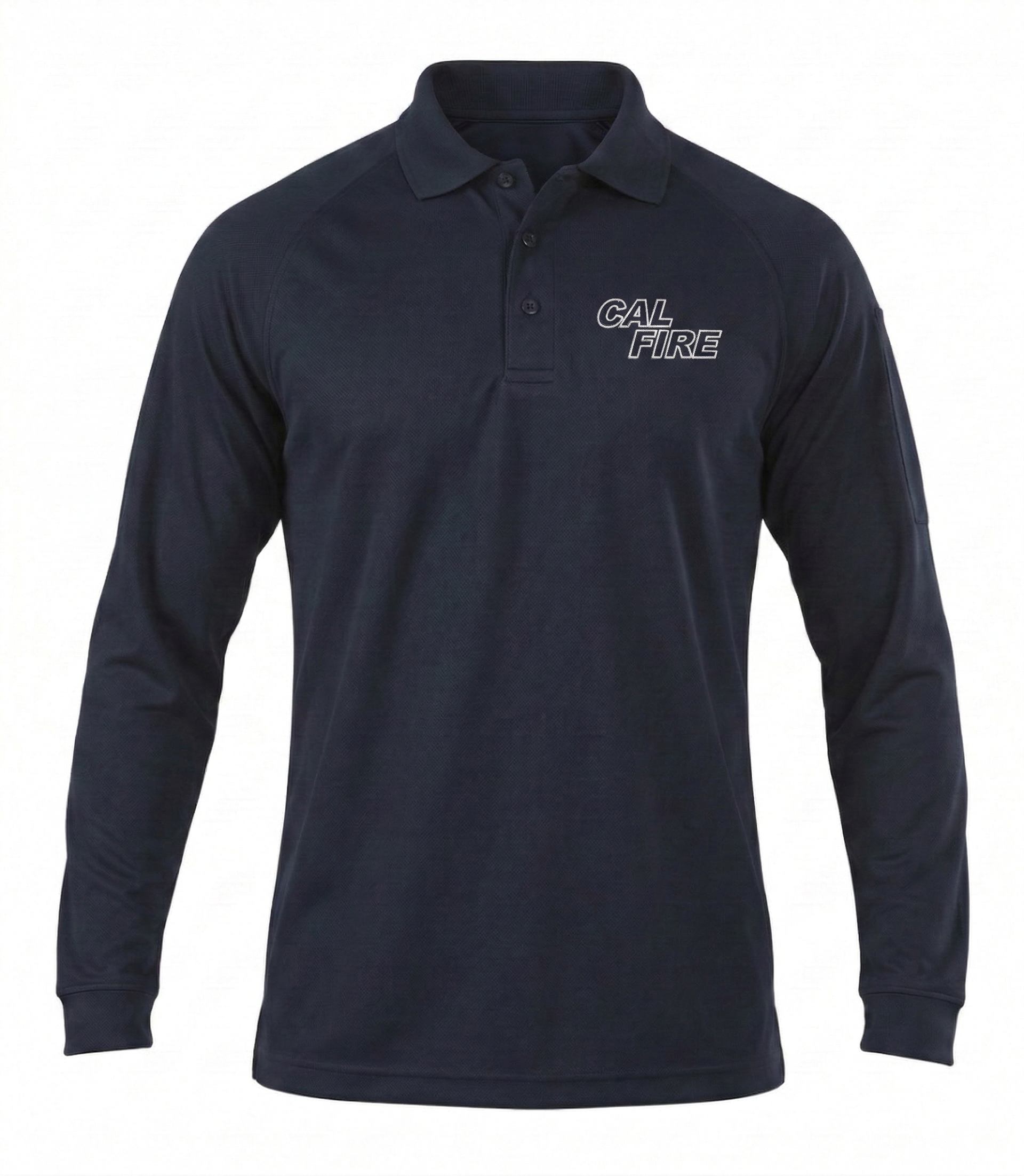 Front view of the navy 5.11 long-sleeve performance polo with a white outlined CAL FIRE wordmark on the left chest, showing the collar and cuffs.