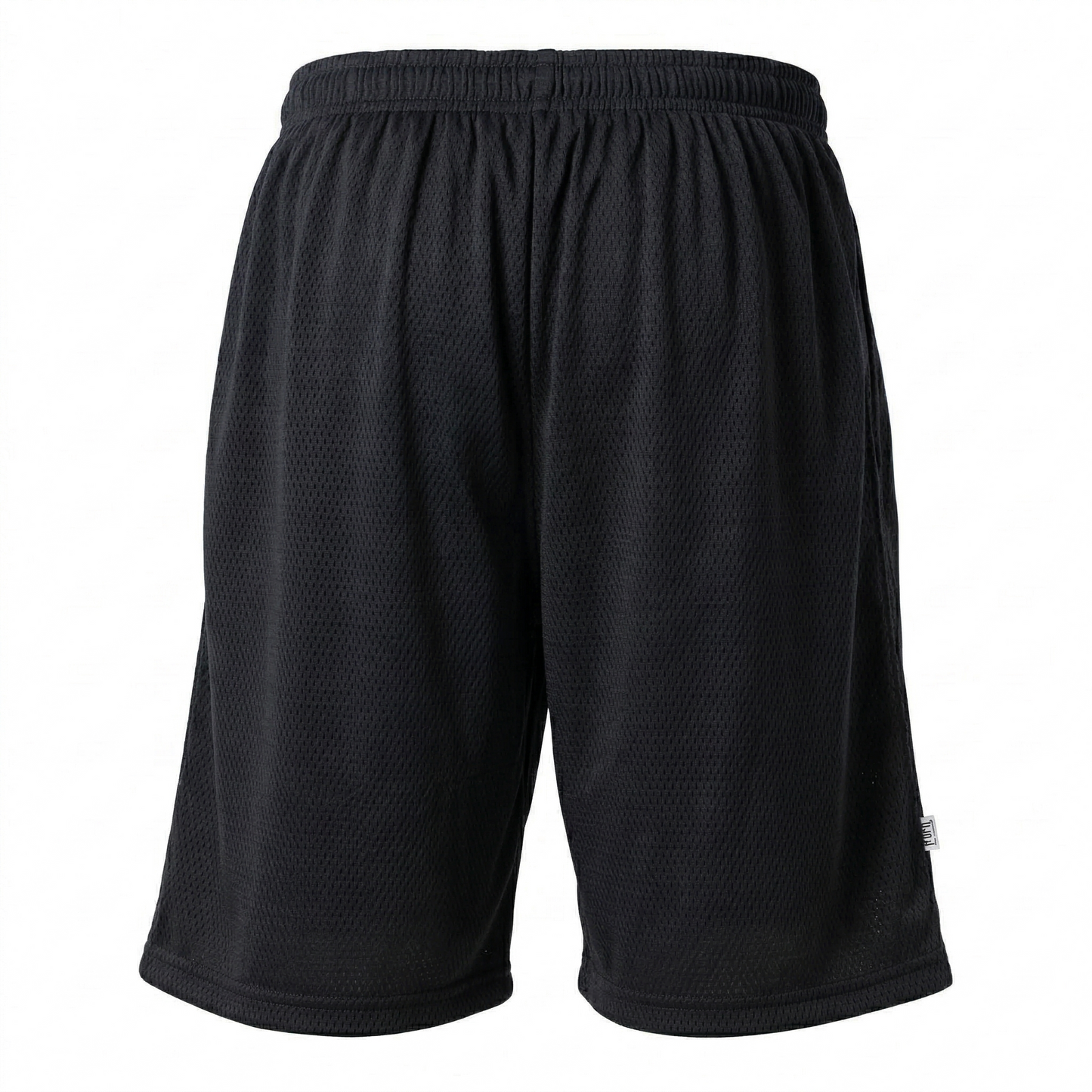 Back view of the plain black mesh PT shorts with no logo, showing the drawstring elastic waistband.