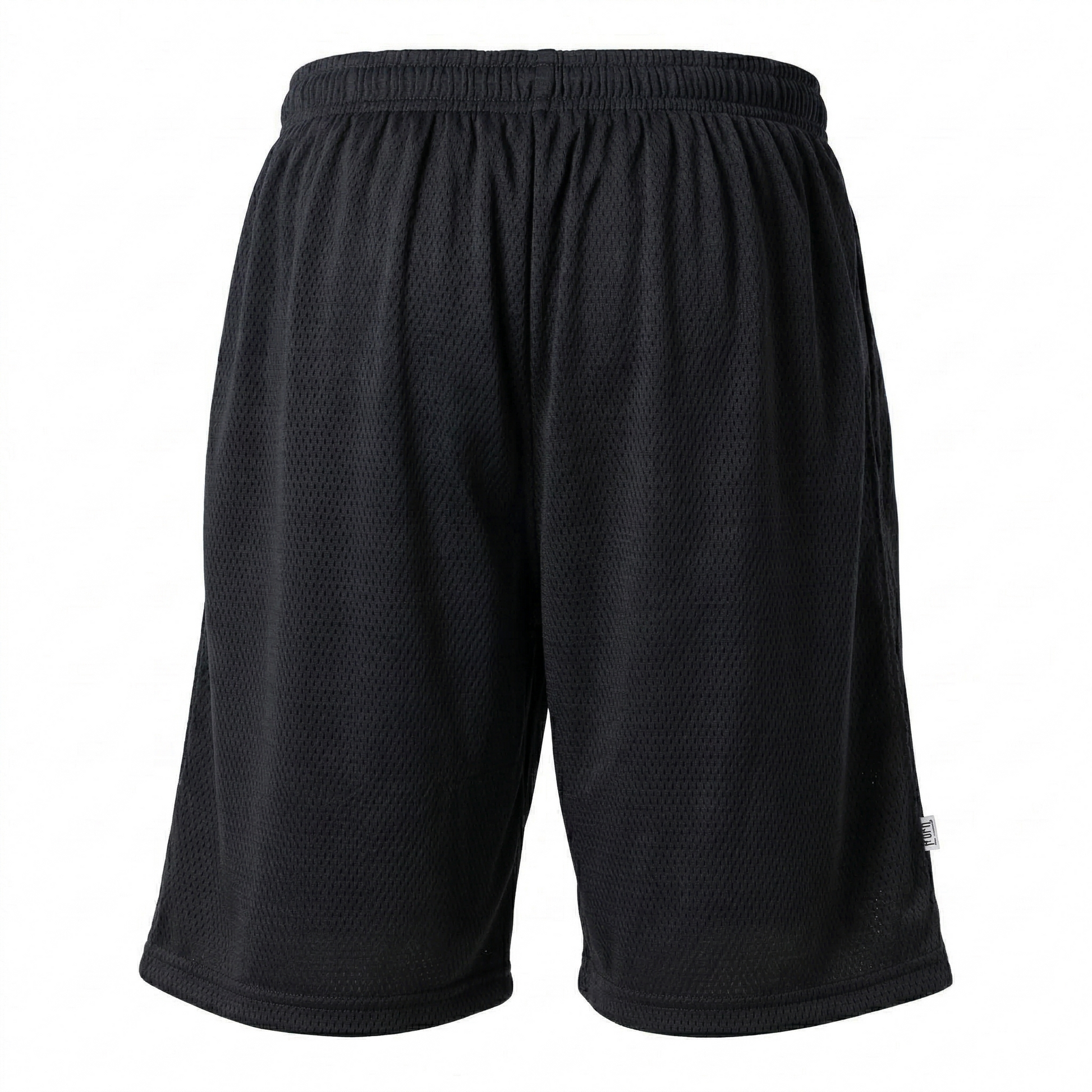 Back view of the plain black mesh PT shorts with no logo, showing the drawstring elastic waistband.