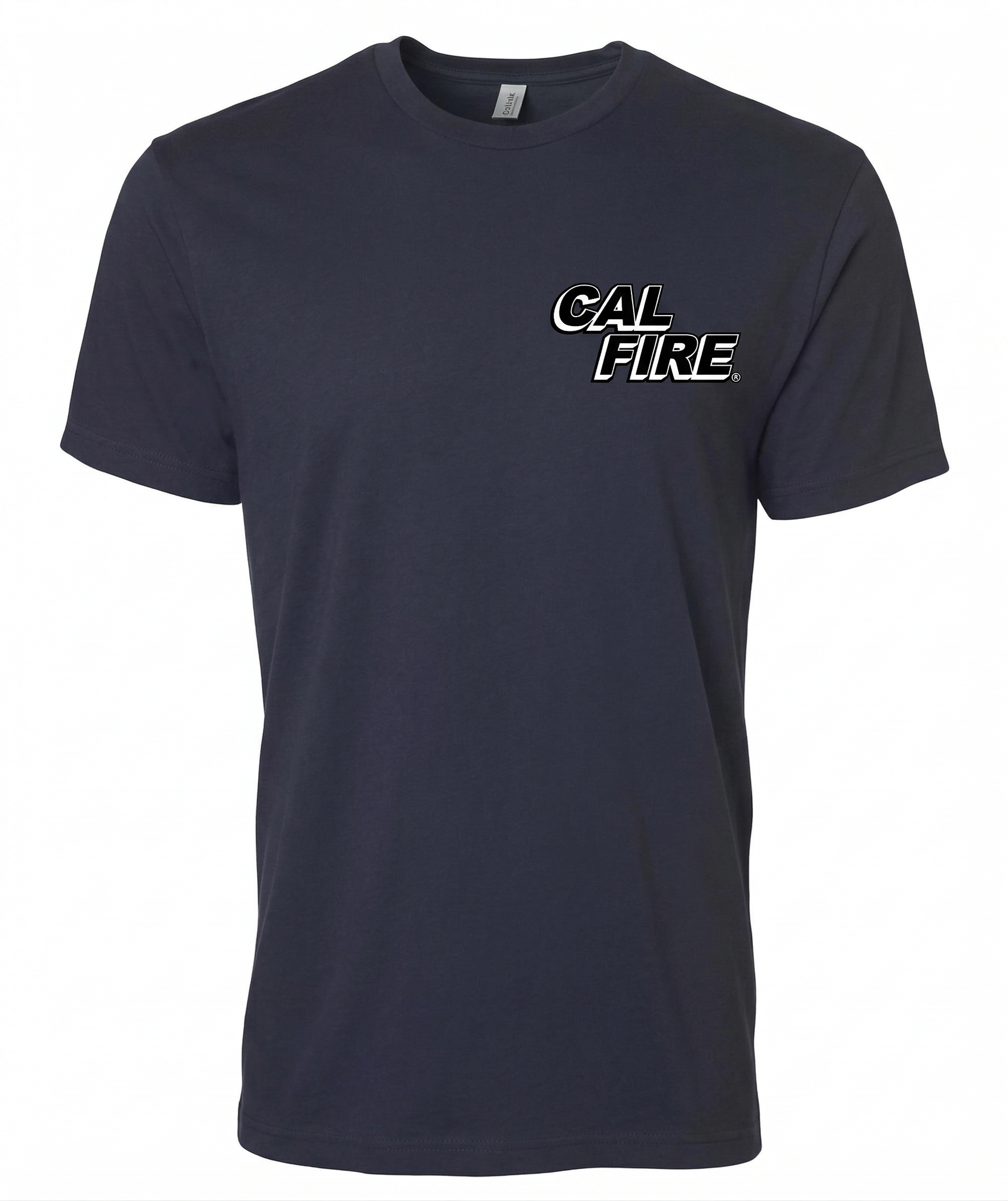 Navy Independent lightweight CAL FIRE t-shirt, front view with the small white CAL FIRE italic block wordmark on the left chest.