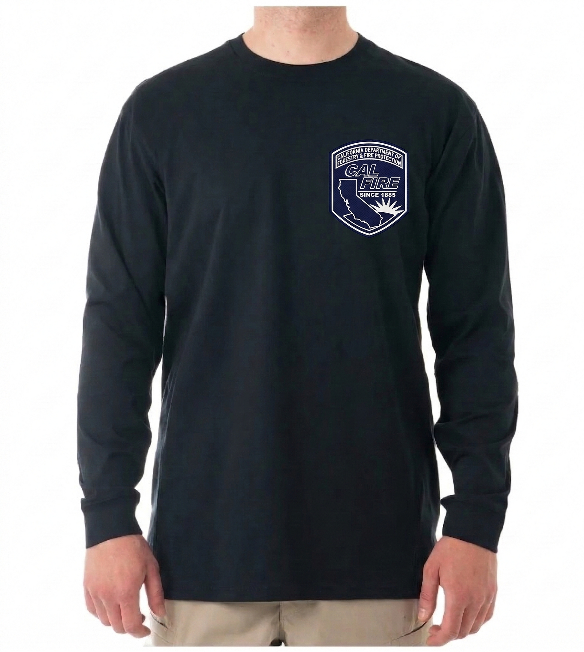 Male model in the black long-sleeve shirt, front view with the navy CAL FIRE arrowhead shield crest on the left chest.