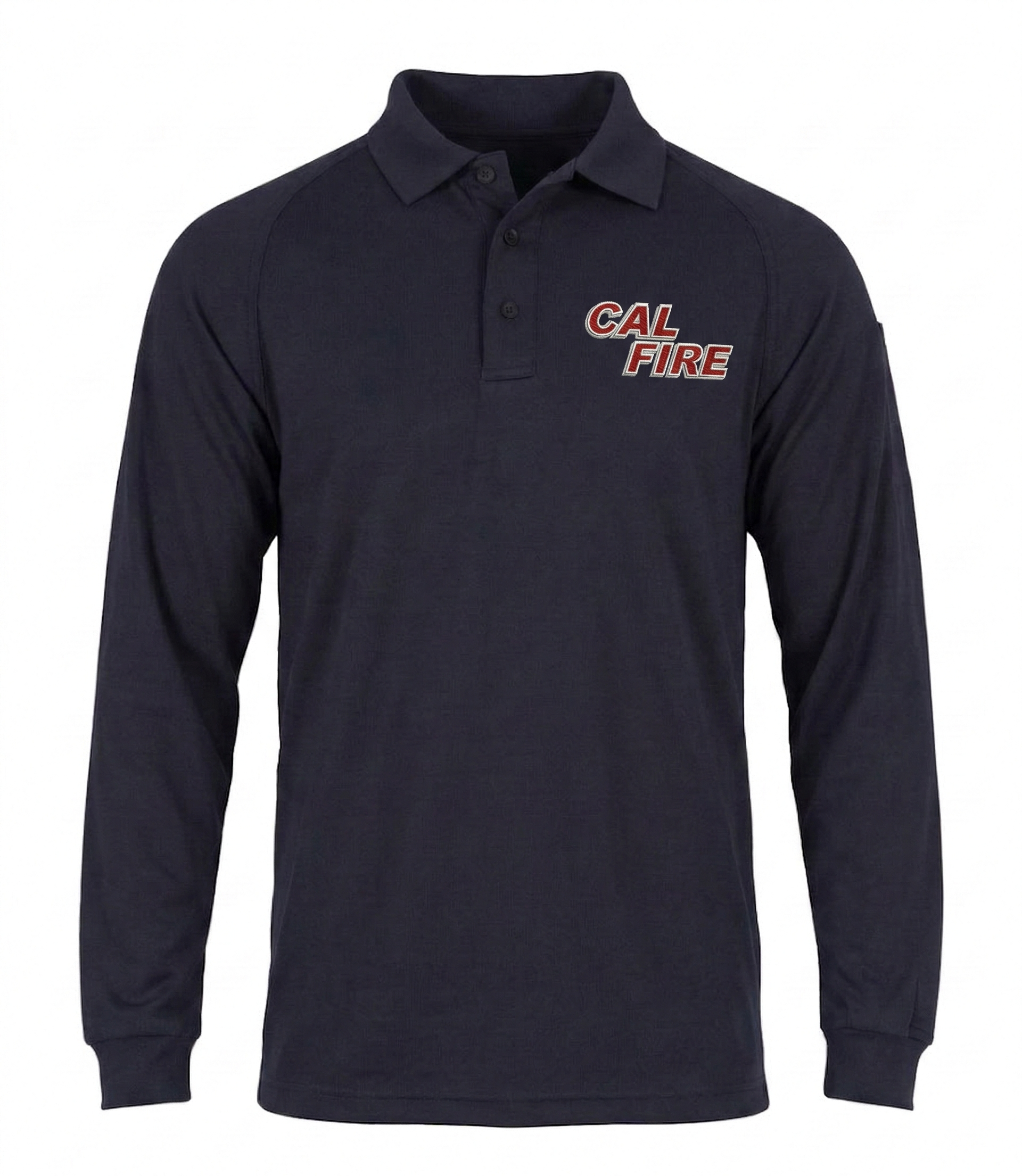 Navy First Tactical long-sleeve performance polo, front view with the red CAL FIRE italic wordmark embroidered on the left chest.