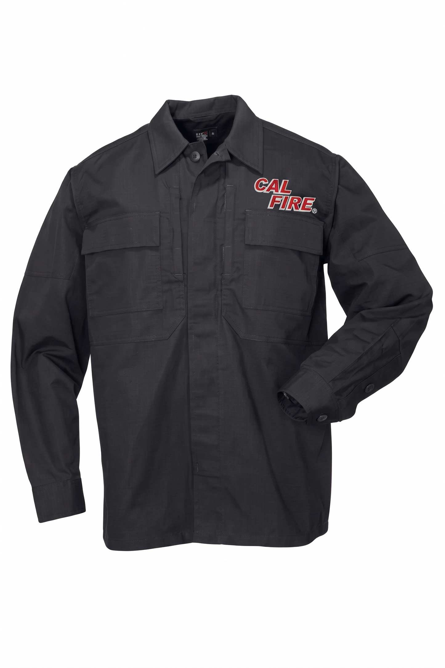 Front view of the navy TDU ripstop long-sleeve shirt with the red CAL FIRE italic wordmark on the left chest and two flap chest pockets.