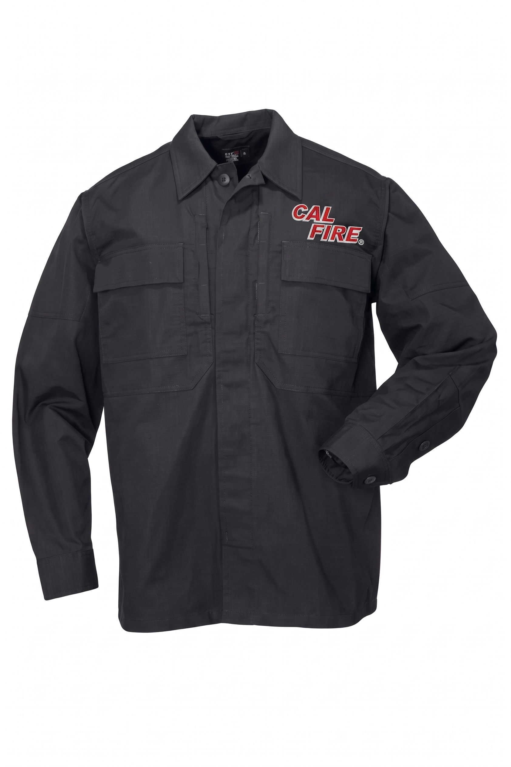 Front view of the navy TDU ripstop long-sleeve shirt with the red CAL FIRE italic wordmark on the left chest and two flap chest pockets.