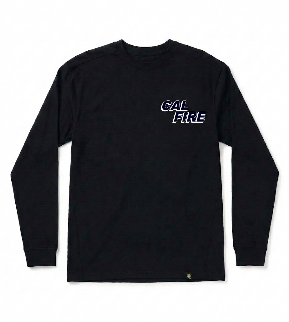 Black long-sleeve shirt laid flat, front view with the white CAL FIRE italic wordmark on the left chest.